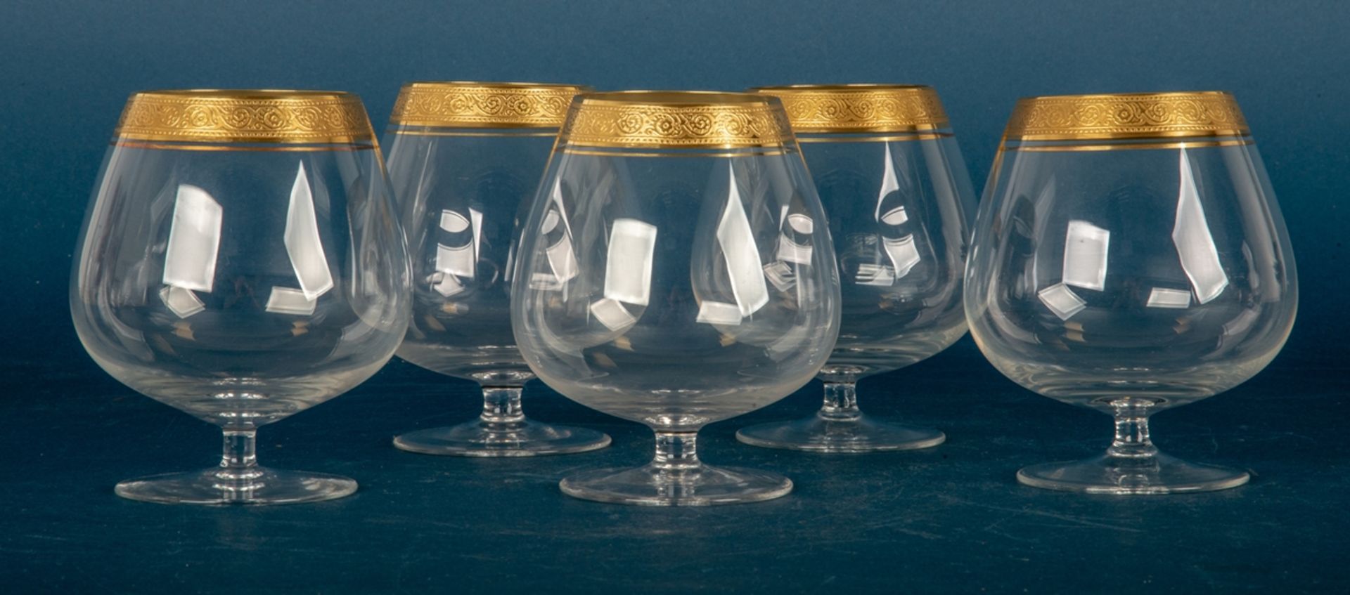 Theresienthal'er Glasmanufaktur. 5 Cognac-Schwenker/Cognacgläser, farbloses Kristallglas mit