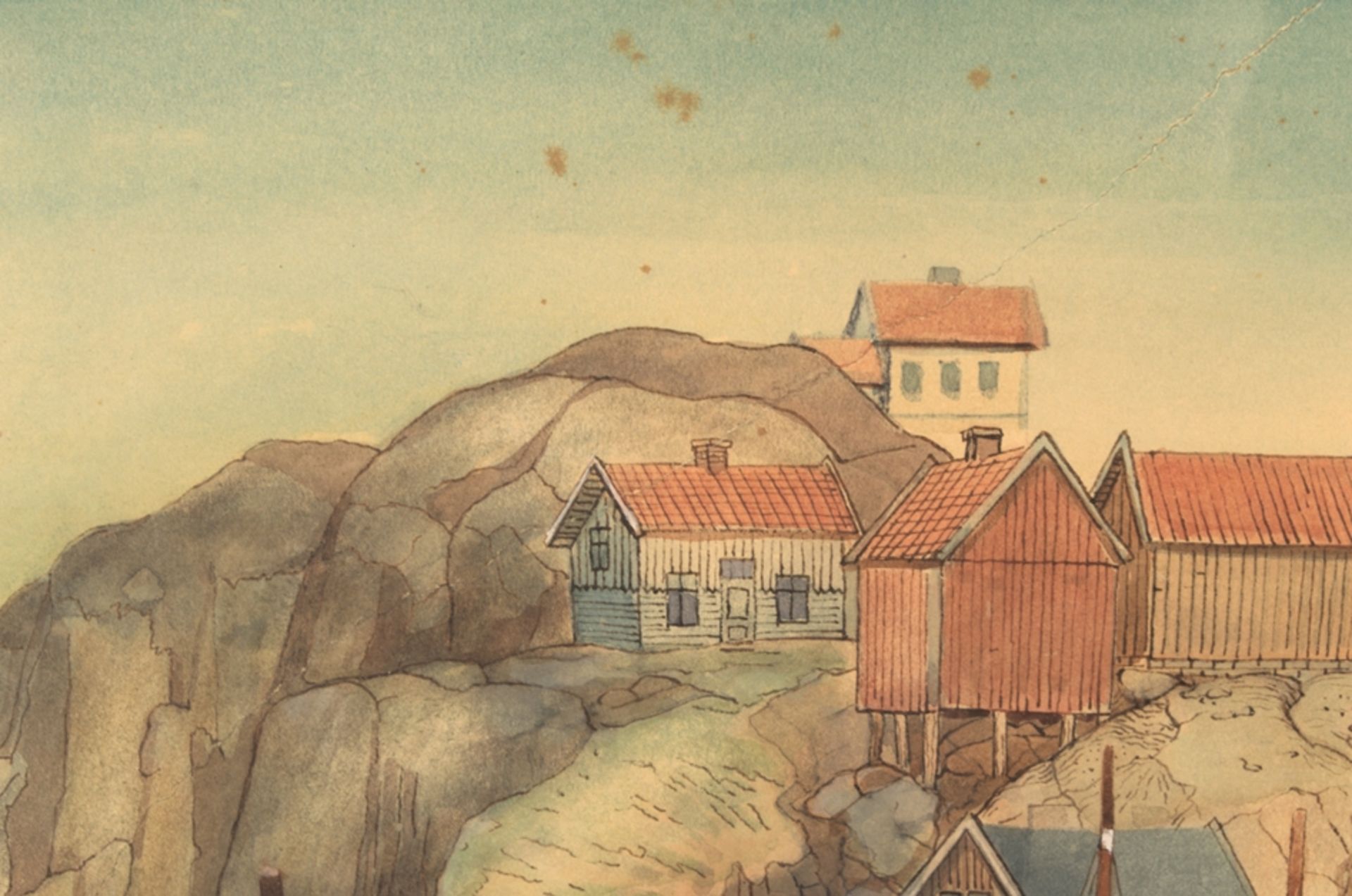 "Schwedisches Fischerdorf" - aquarellierte Zeichnung auf Papier, dieses eingerissen, Papier - Bild 2 aus 11