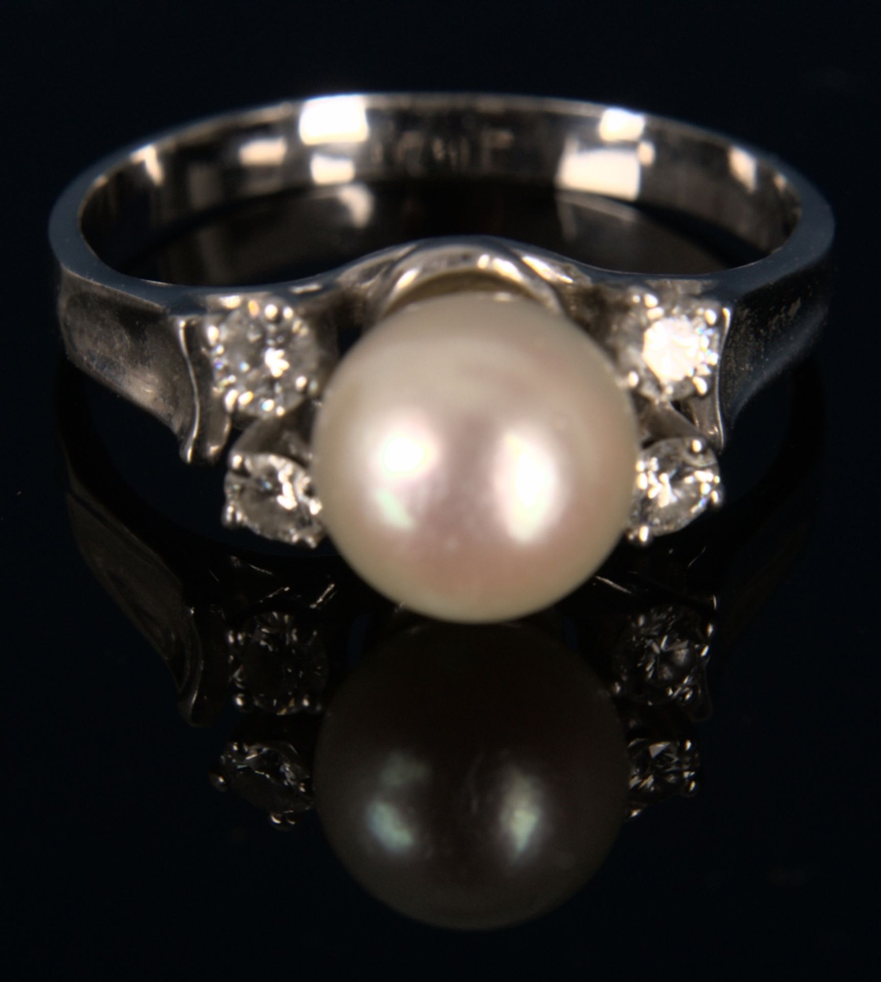 Prächtig eleganter 14 K Weißgold Ring mit gr. Perle umgeben von 4 Diamantsplittern, ungepunzt/ - Bild 6 aus 8