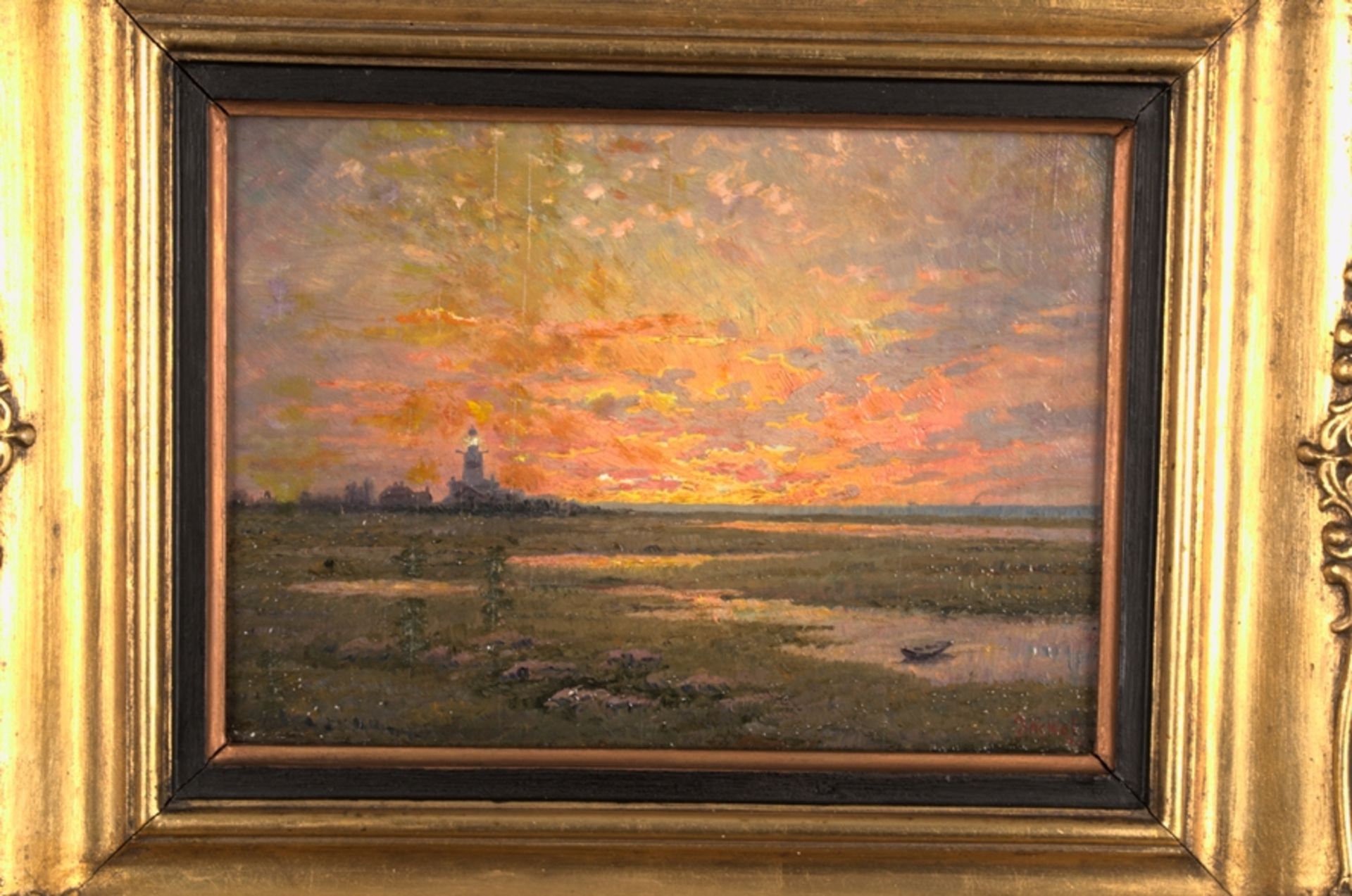 "Stimmungsvoller Sonnenuntergang am Leuchtturm". Gemälde, Öl auf Platte, ca. 16,5 x 22,5 cm, unten - Image 2 of 8
