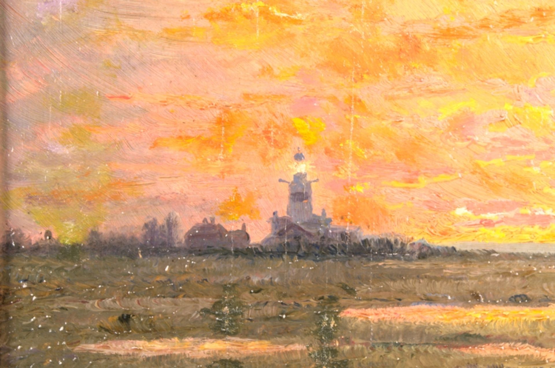 "Stimmungsvoller Sonnenuntergang am Leuchtturm". Gemälde, Öl auf Platte, ca. 16,5 x 22,5 cm, unten - Image 7 of 8