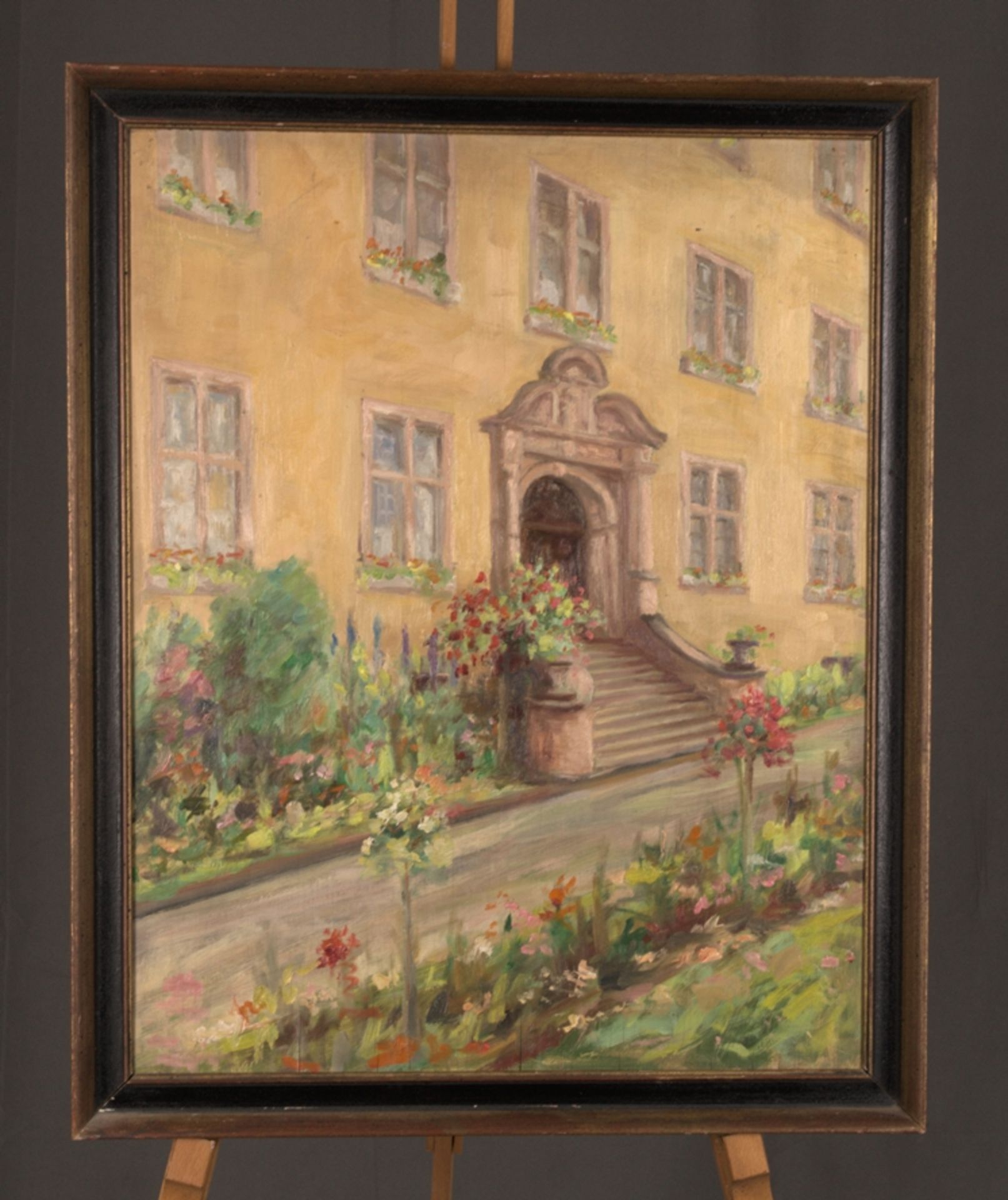 "Schloßeingang" - Gemälde, Öl auf Schichtholzplatte, ca. 58 x 46 cm. Akademische Malweise,