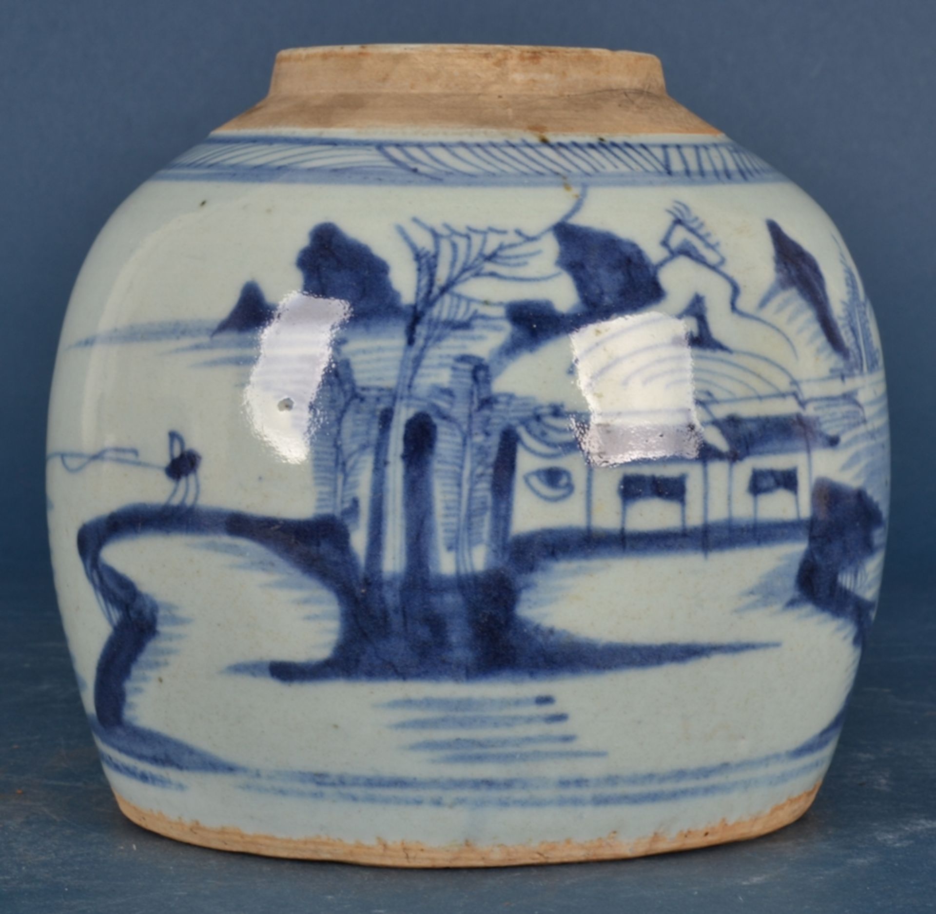 Antiker, chinesischer Ingwer-Jar/Ingwer-Topf. Blau-grauer Landschaftsdekor, alter vom Boden in die - Bild 4 aus 12
