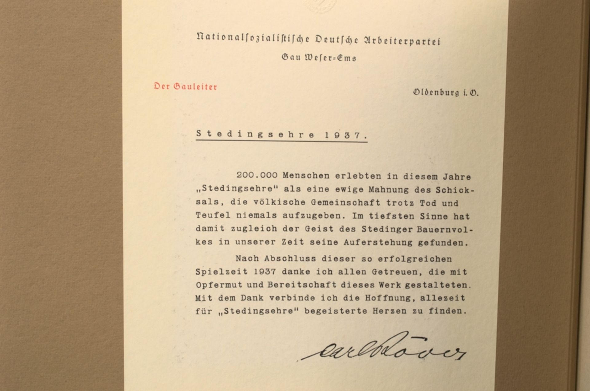 "STEDINGSEHRE" - Album von 1937 mit zahlreichen Abbildungen und erläuterndem Text, Einleitungstext - Image 5 of 8