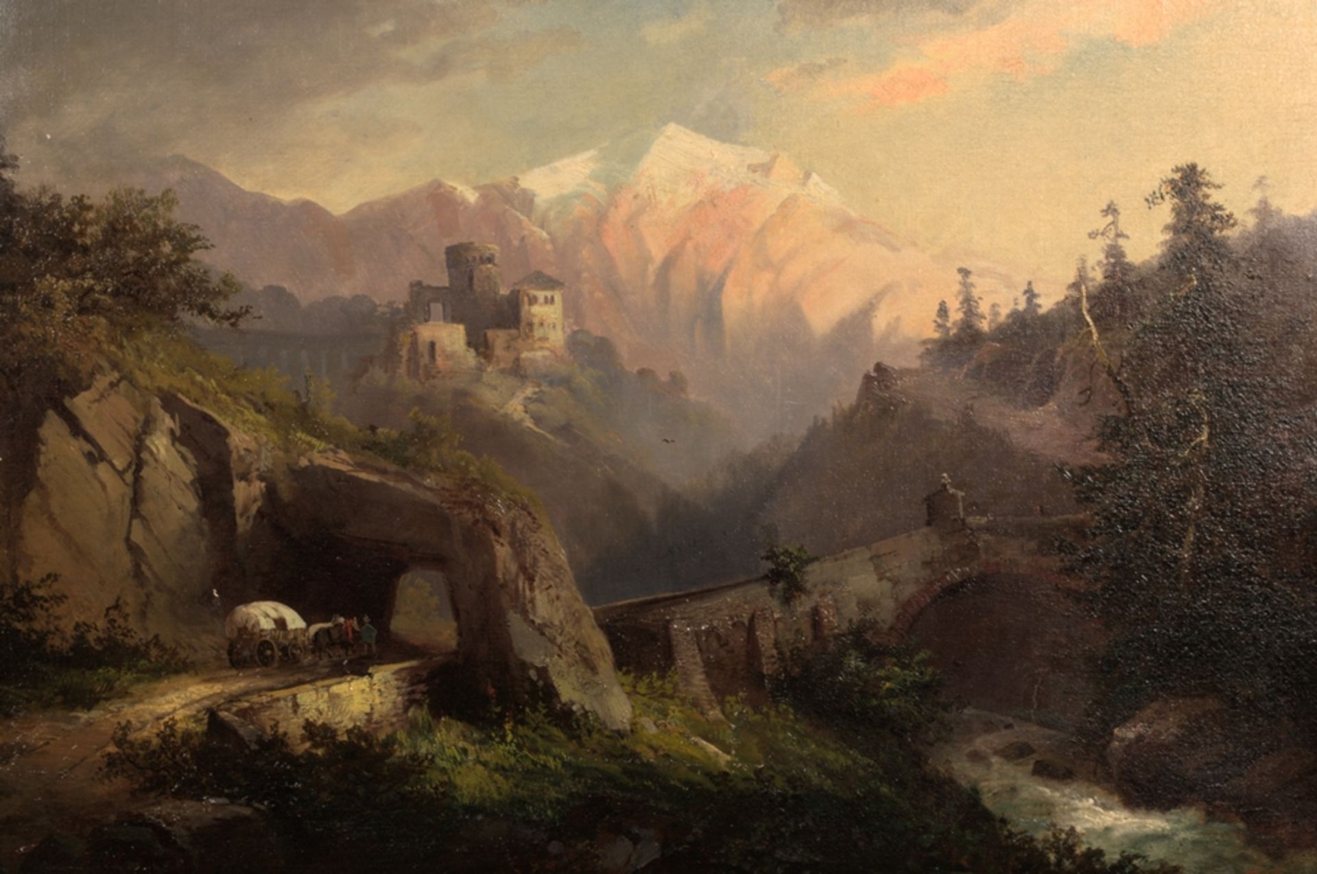 "Alpine Berglandschaft mit Burgruine", spätromantisches Gemälde, Öl auf Leinwand, ca. 63 x 90 cm; - Image 2 of 13