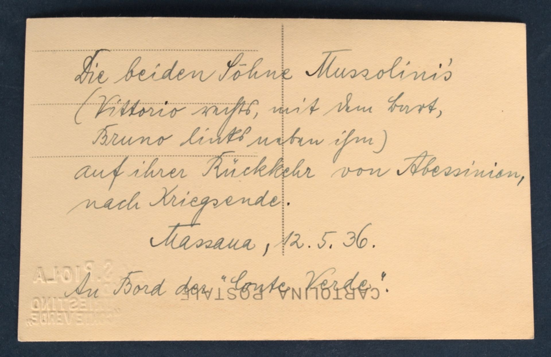 "Rückkehr von Mussolinis Söhnen aus dem abessinischen Krieg" am 17.5.(19)36, an Bord des ital. - Image 10 of 15