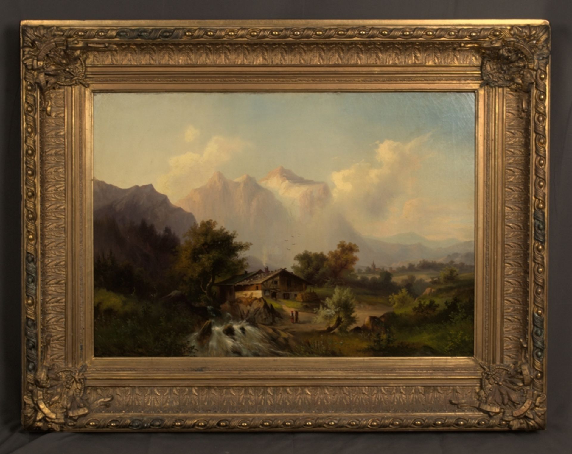"Bauernhof vor alpiner Bergkulisse". Großformatiges Gemälde um 1870/ 90, unsignierte akademische,