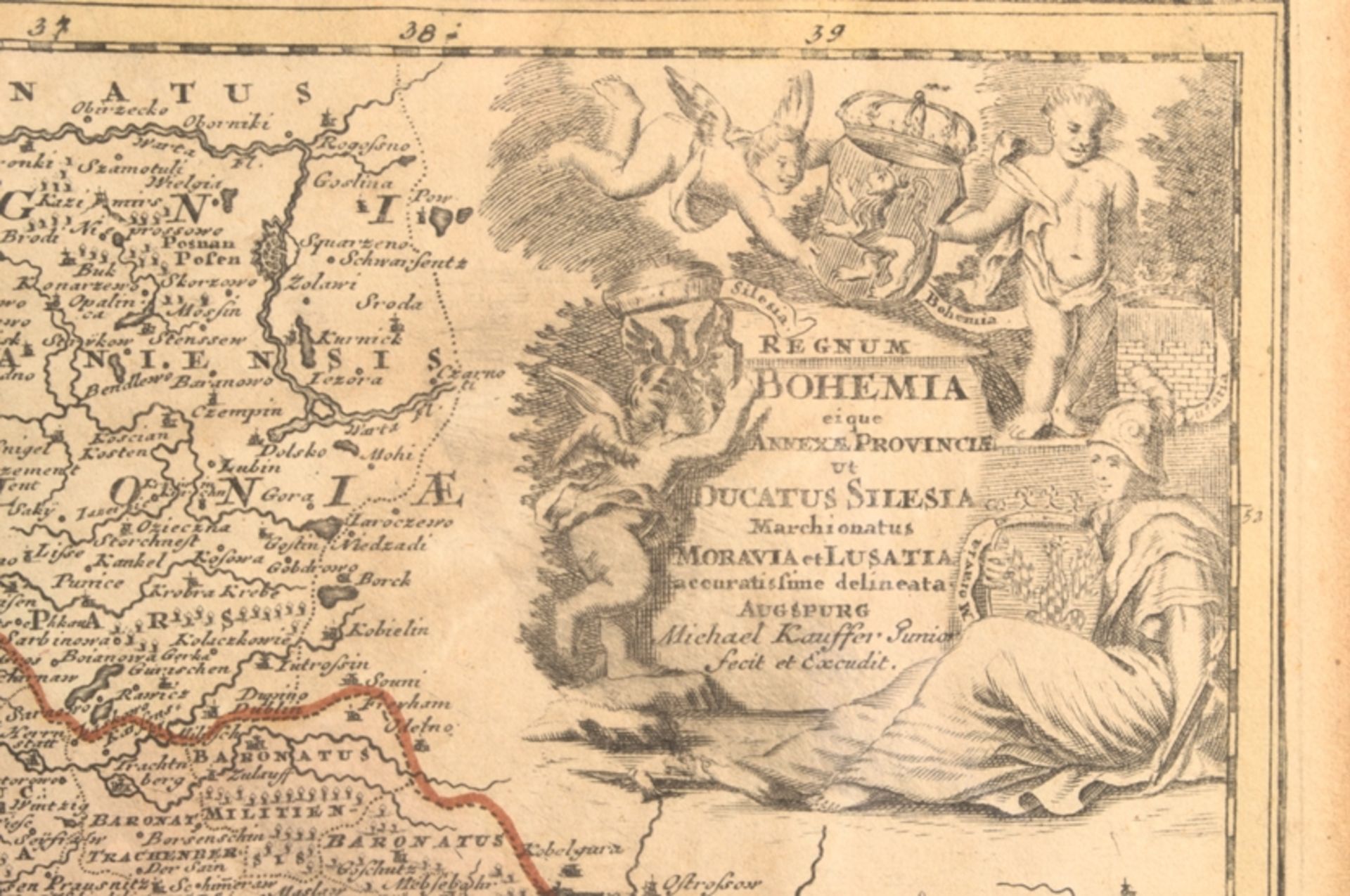 "REGNUM BOHEMIA", handkolorierte Kupferstichkarte des Michael Kauffer (1673 - 1766), 17./18. - Image 4 of 8
