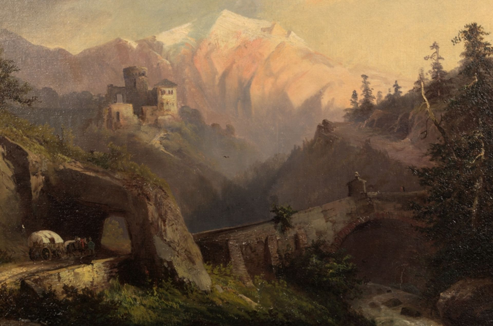 "Alpine Berglandschaft mit Burgruine", spätromantisches Gemälde, Öl auf Leinwand, ca. 63 x 90 cm; - Image 5 of 13