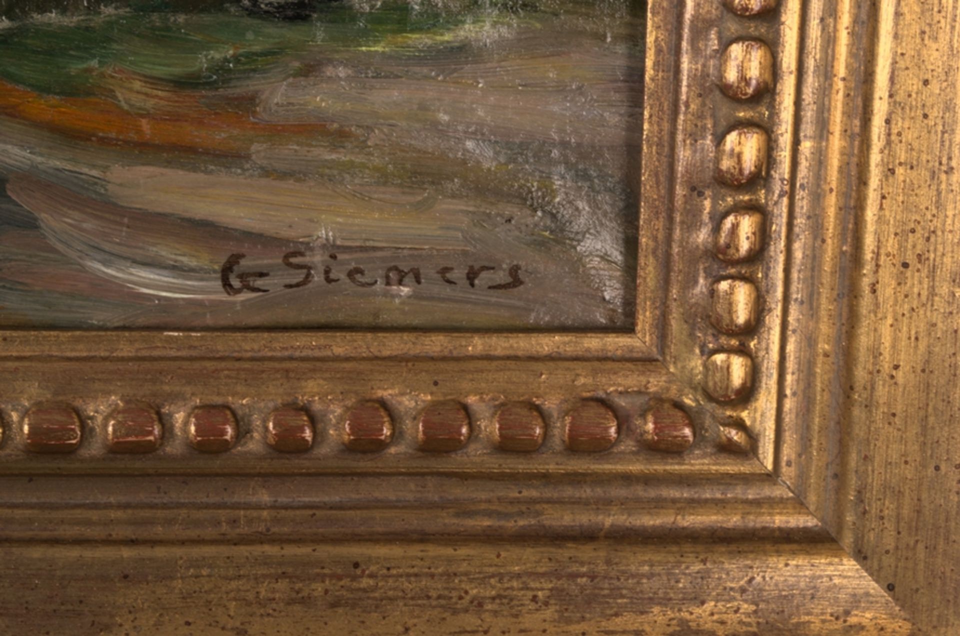 "Häuserzeile" - Gemälde, Öl auf Leinwand, ca. 30 x 36 cm, signiert G. Siemers = Gertrud Siemers ( - Bild 4 aus 7