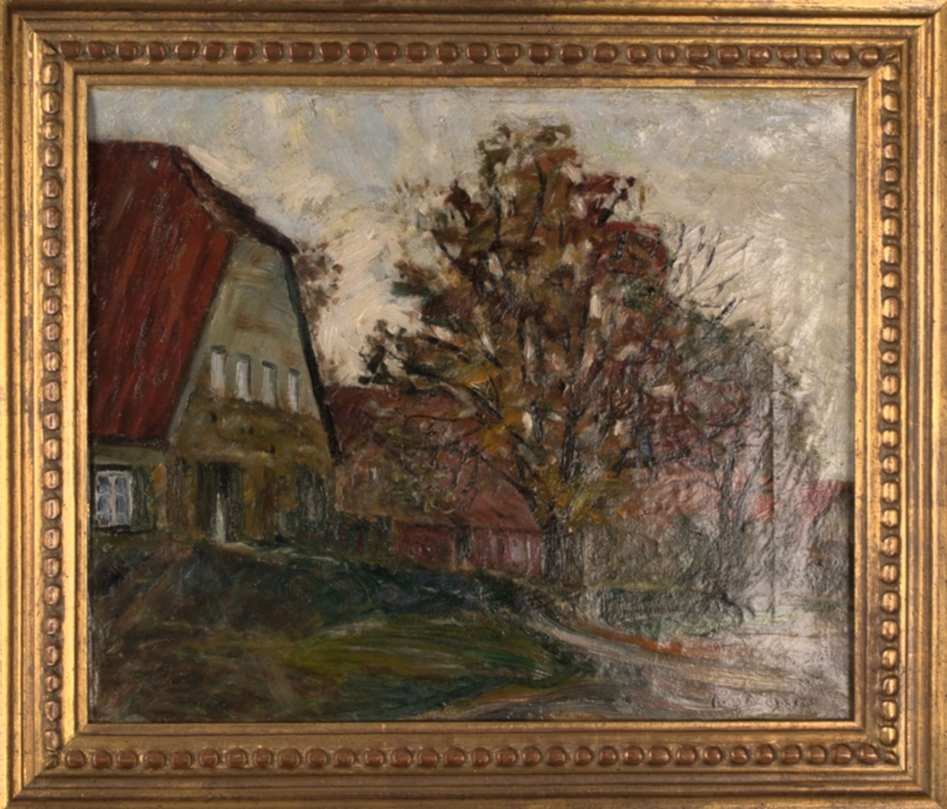 "Häuserzeile" - Gemälde, Öl auf Leinwand, ca. 30 x 36 cm, signiert G. Siemers = Gertrud Siemers ( - Bild 2 aus 7