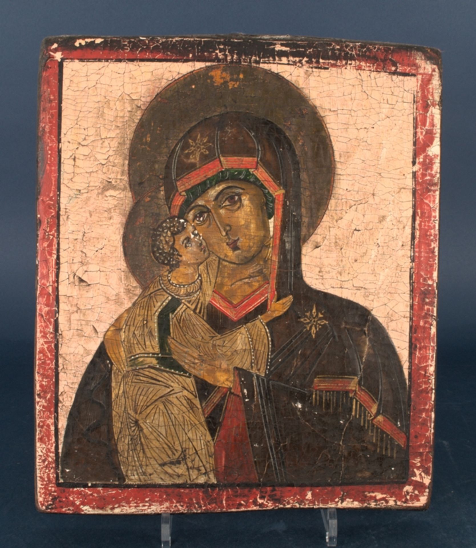 Alte oder antike, wohl griechische Ikone, 19./20. Jhd., Holztafel ca. 36,5 x 30 cm. "Maria mit dem - Bild 2 aus 14
