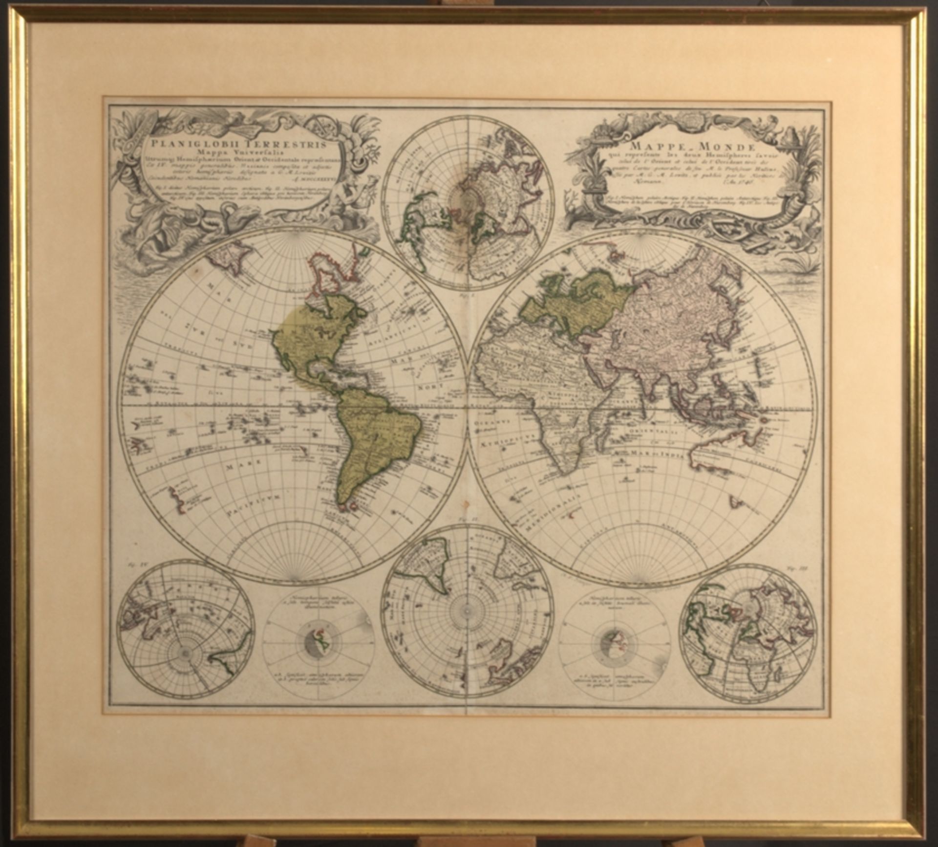 "PLANIGLOBII TERRESTRIS - MAPPE MONDE" - Kolorierte Kupferstichkarte des Johann Baptist Homann, - Image 2 of 8