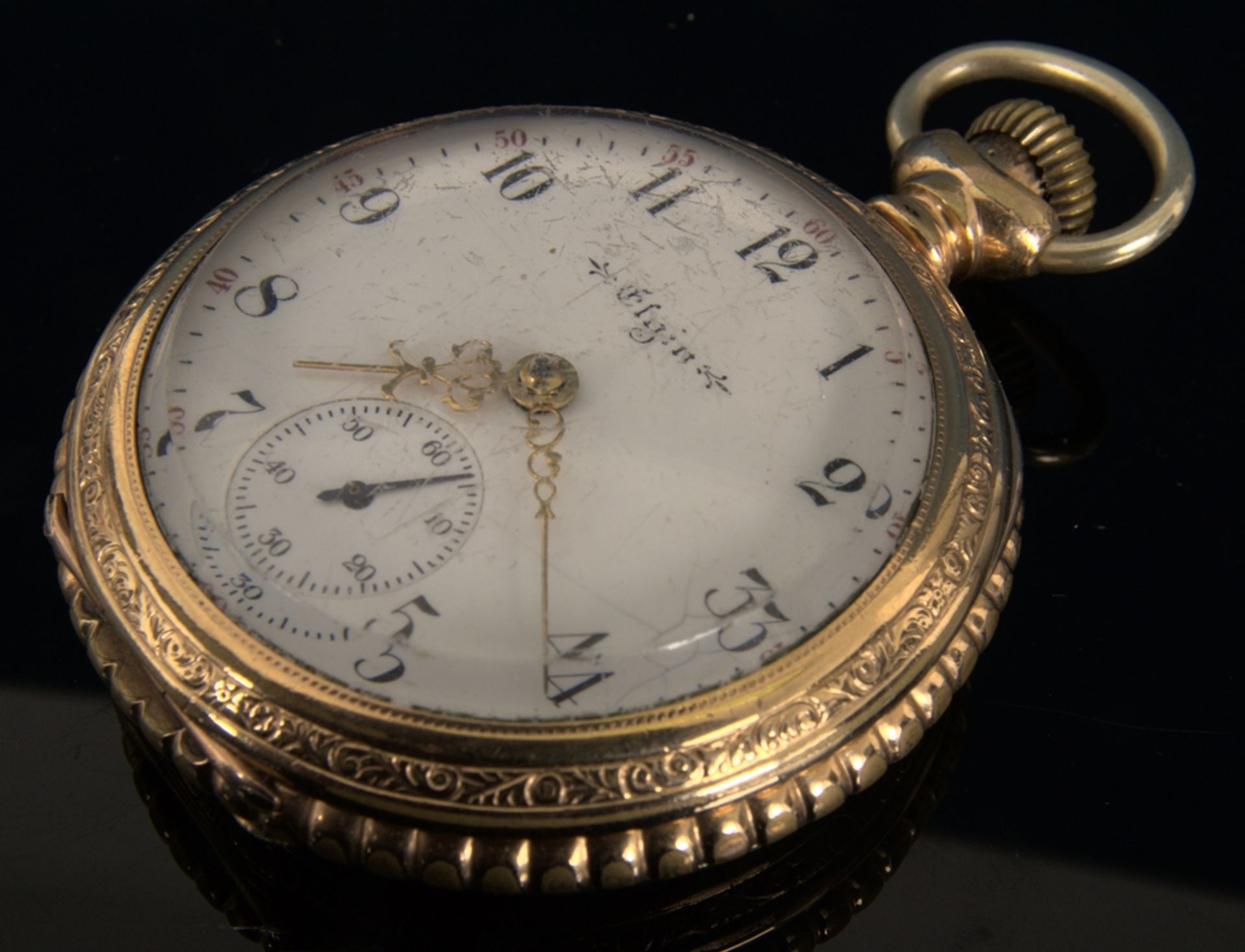 Große offene "Elgin" - Herrentaschenuhr, vergoldetes aufwändig verziertes Gehäuse, weißes - Bild 3 aus 16