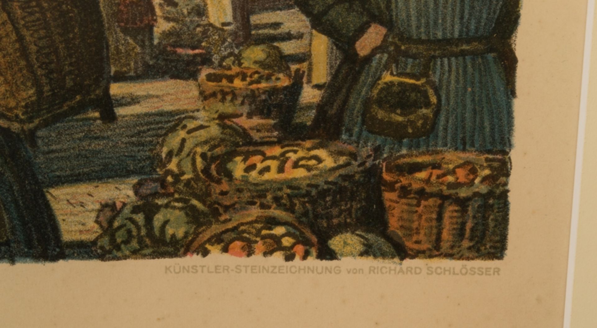 "Marktplatz", hinter Glas gerahmte farbige Steinzeichnung von Richard Schlösser , Hannover 1915. - Image 4 of 7