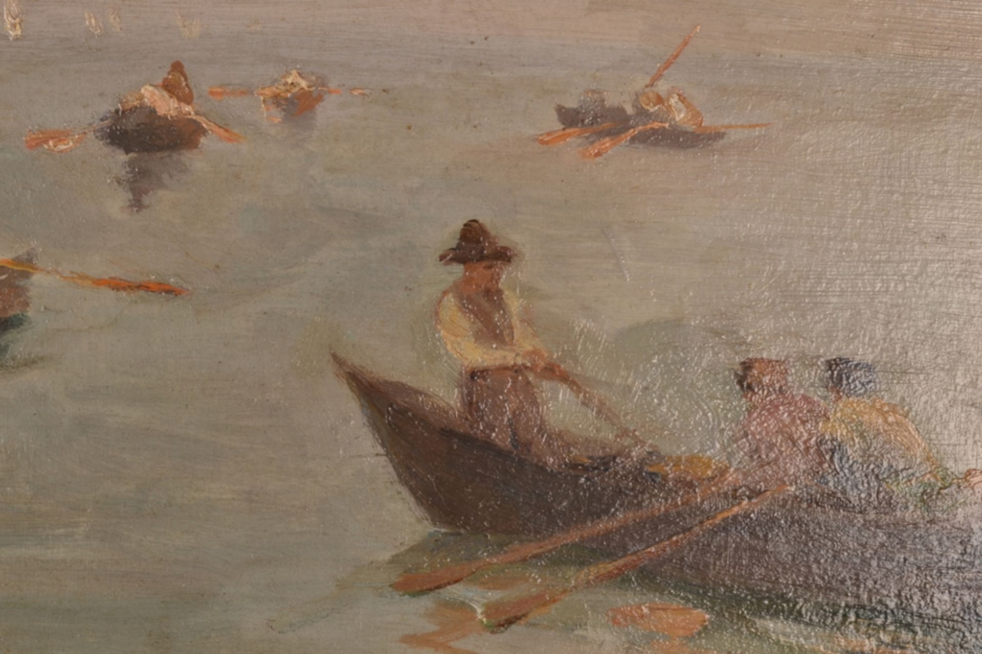 "Netzfischer" - kleinformatiges unsigniertes Gemälde, Öl auf Hartfaser/ Karton, ca. 22 x 28,5 cm; 1. - Image 9 of 12