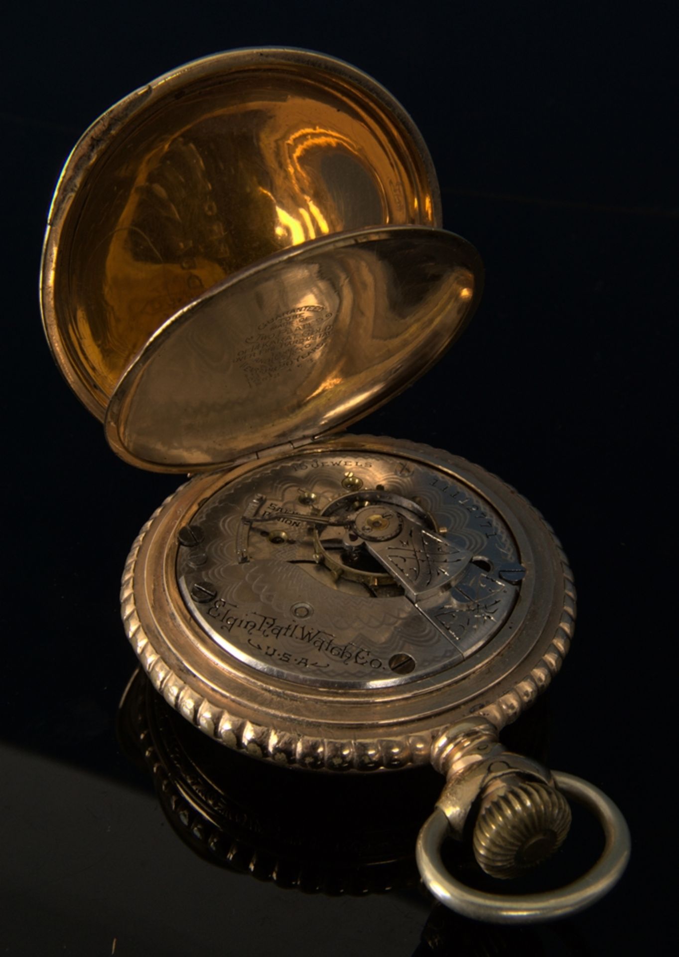 Große offene "Elgin" - Herrentaschenuhr, vergoldetes aufwändig verziertes Gehäuse, weißes - Bild 9 aus 16