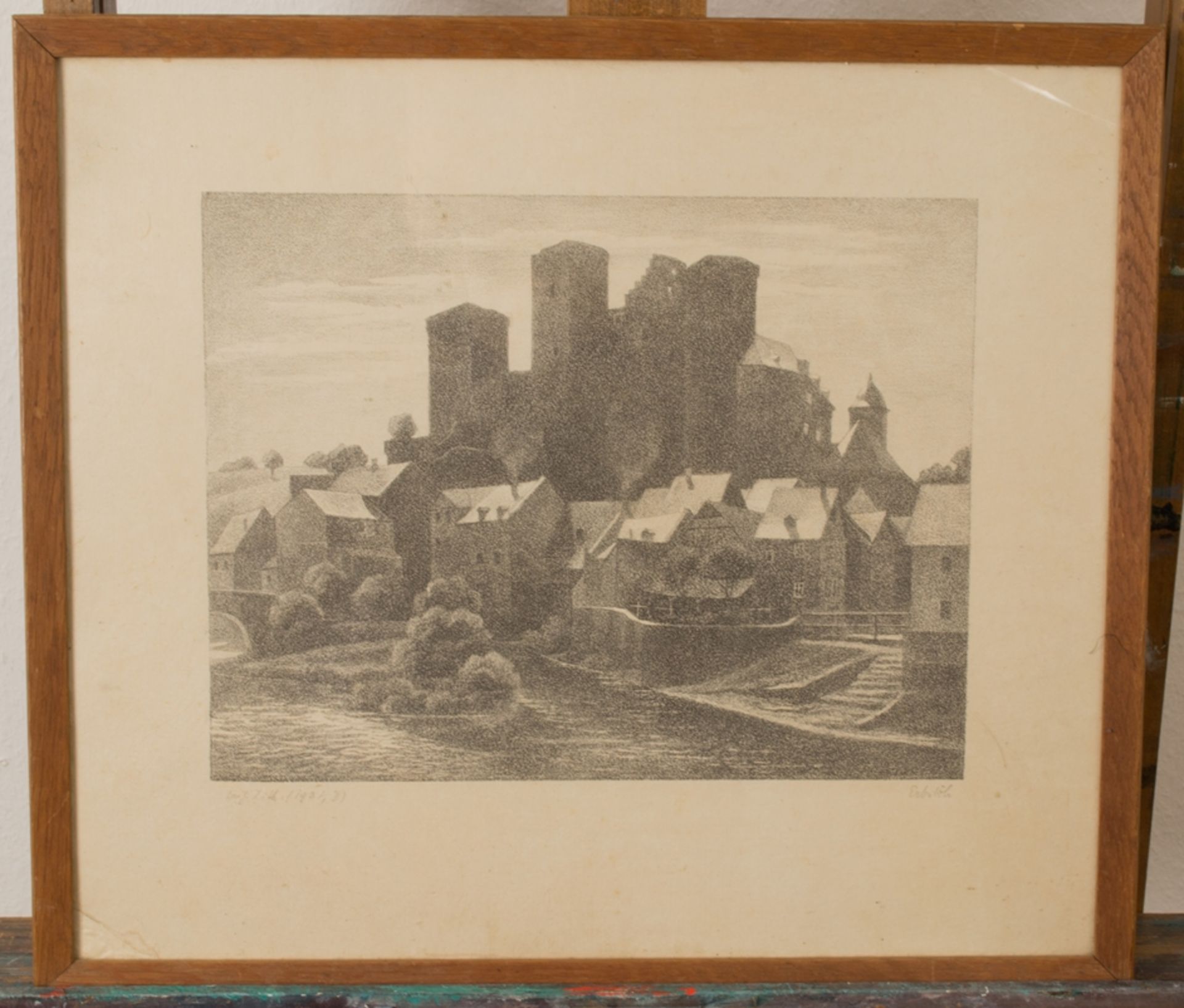 "Burg Runkel an der Lahn". Hinter Glas gerahmte orig. Lithographie von 1931, Platte ca. 27,5 x 36