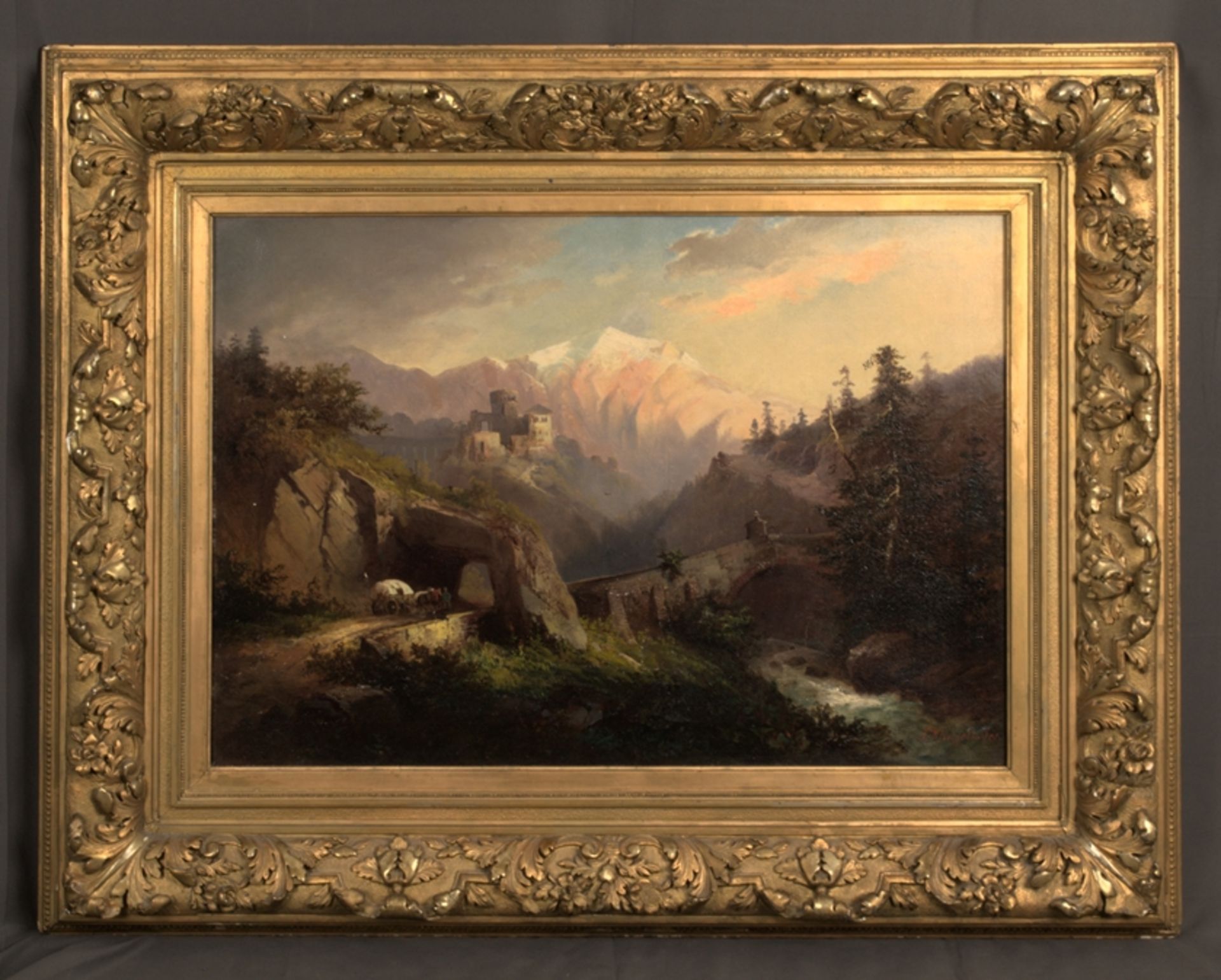 "Alpine Berglandschaft mit Burgruine", spätromantisches Gemälde, Öl auf Leinwand, ca. 63 x 90 cm;