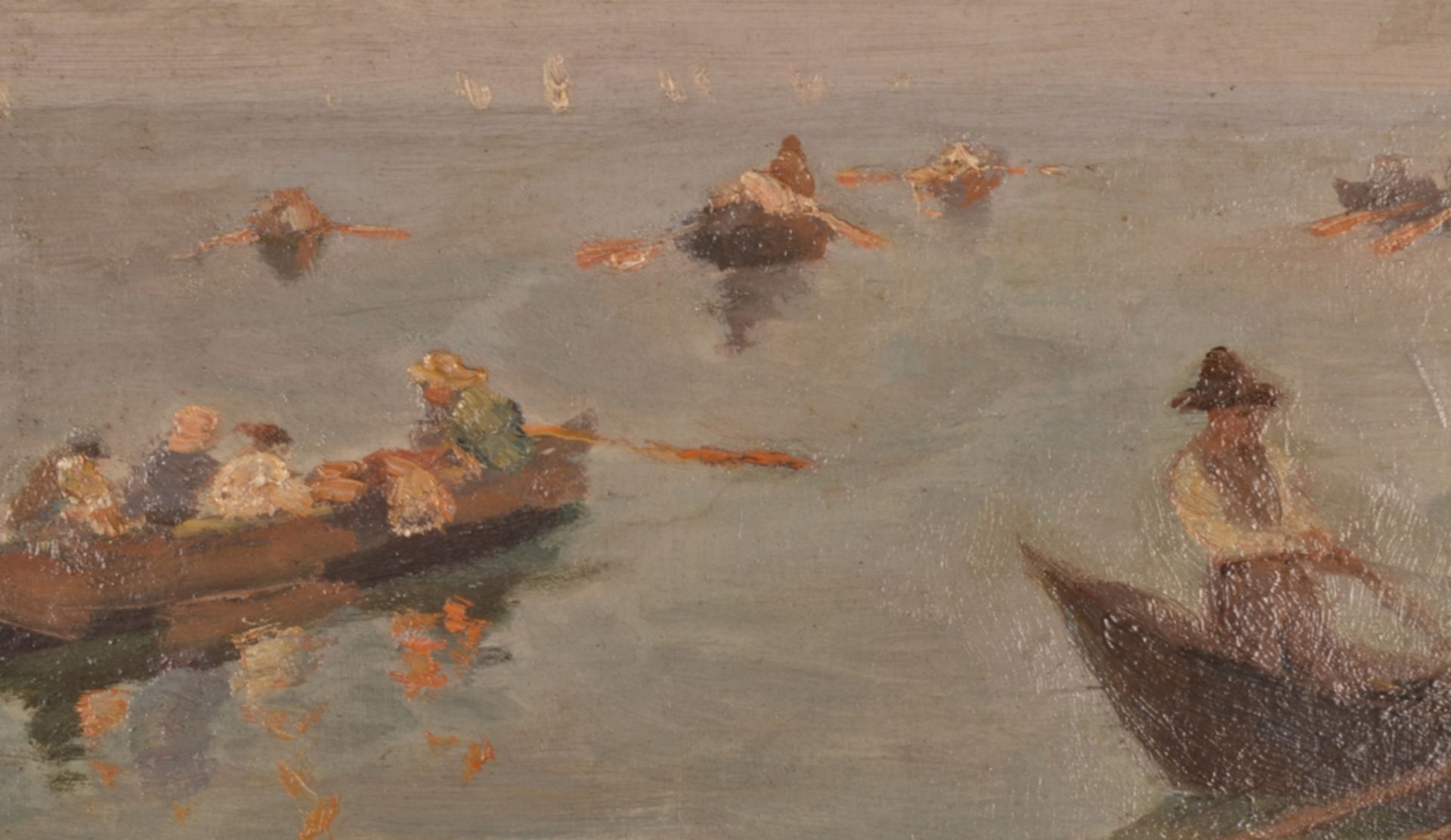 "Netzfischer" - kleinformatiges unsigniertes Gemälde, Öl auf Hartfaser/ Karton, ca. 22 x 28,5 cm; 1. - Image 11 of 12
