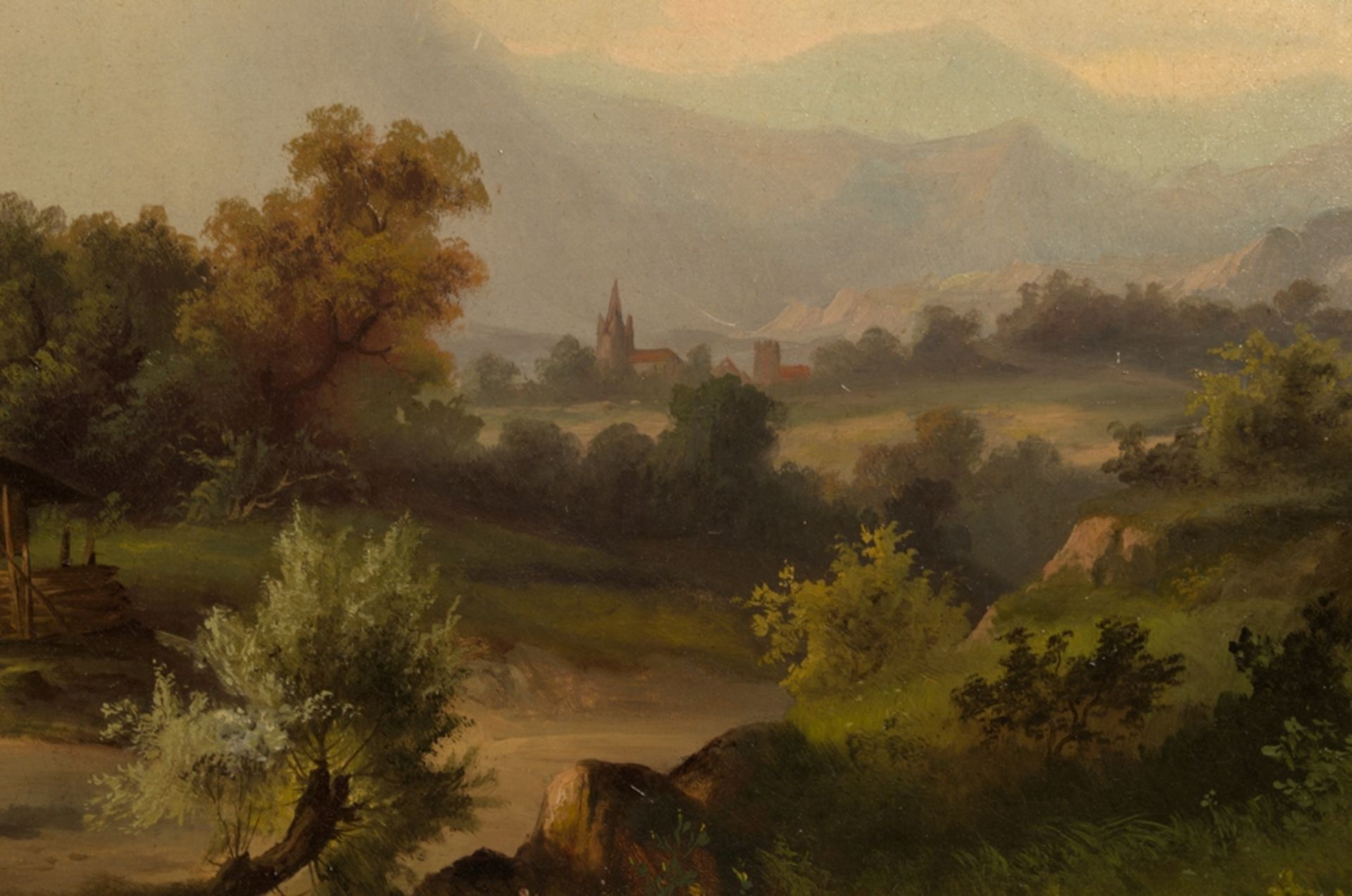 "Bauernhof vor alpiner Bergkulisse". Großformatiges Gemälde um 1870/ 90, unsignierte akademische, - Image 8 of 17