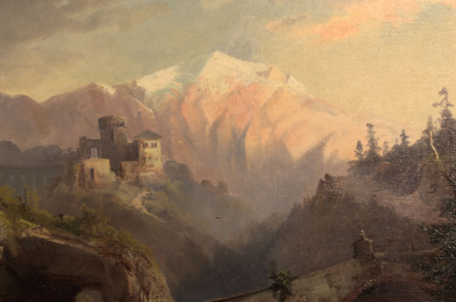 "Alpine Berglandschaft mit Burgruine", spätromantisches Gemälde, Öl auf Leinwand, ca. 63 x 90 cm; - Image 4 of 13