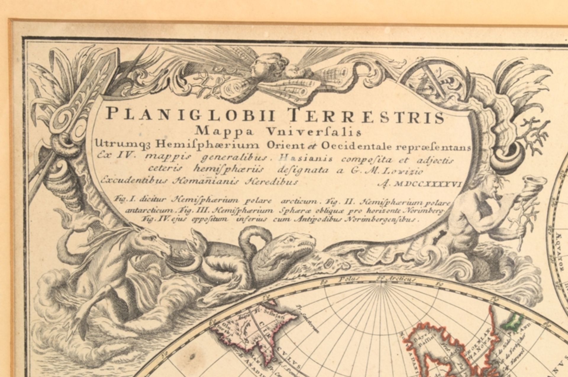 "PLANIGLOBII TERRESTRIS - MAPPE MONDE" - Kolorierte Kupferstichkarte des Johann Baptist Homann, - Image 4 of 8