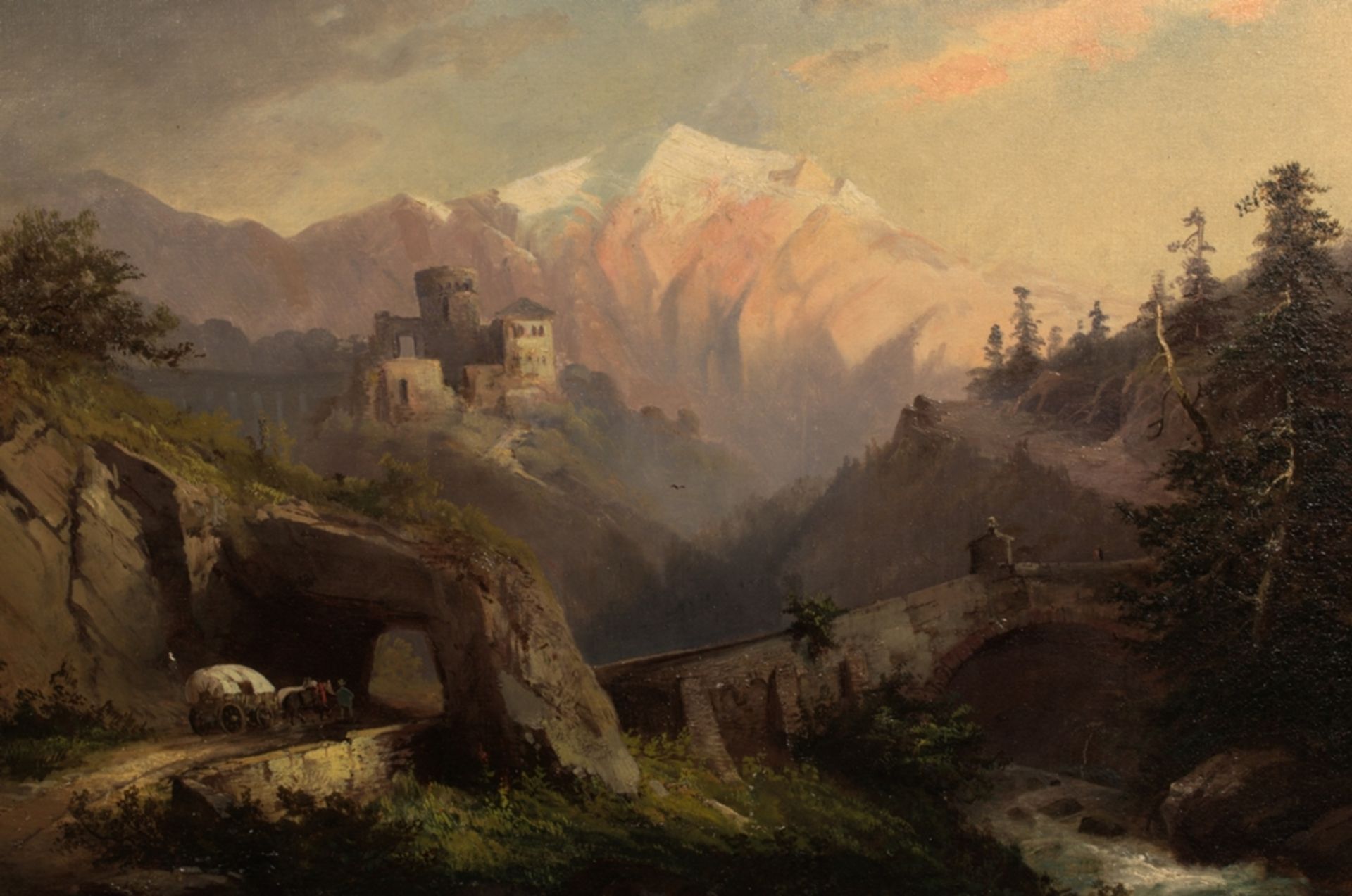 "Alpine Berglandschaft mit Burgruine", spätromantisches Gemälde, Öl auf Leinwand, ca. 63 x 90 cm; - Image 8 of 13