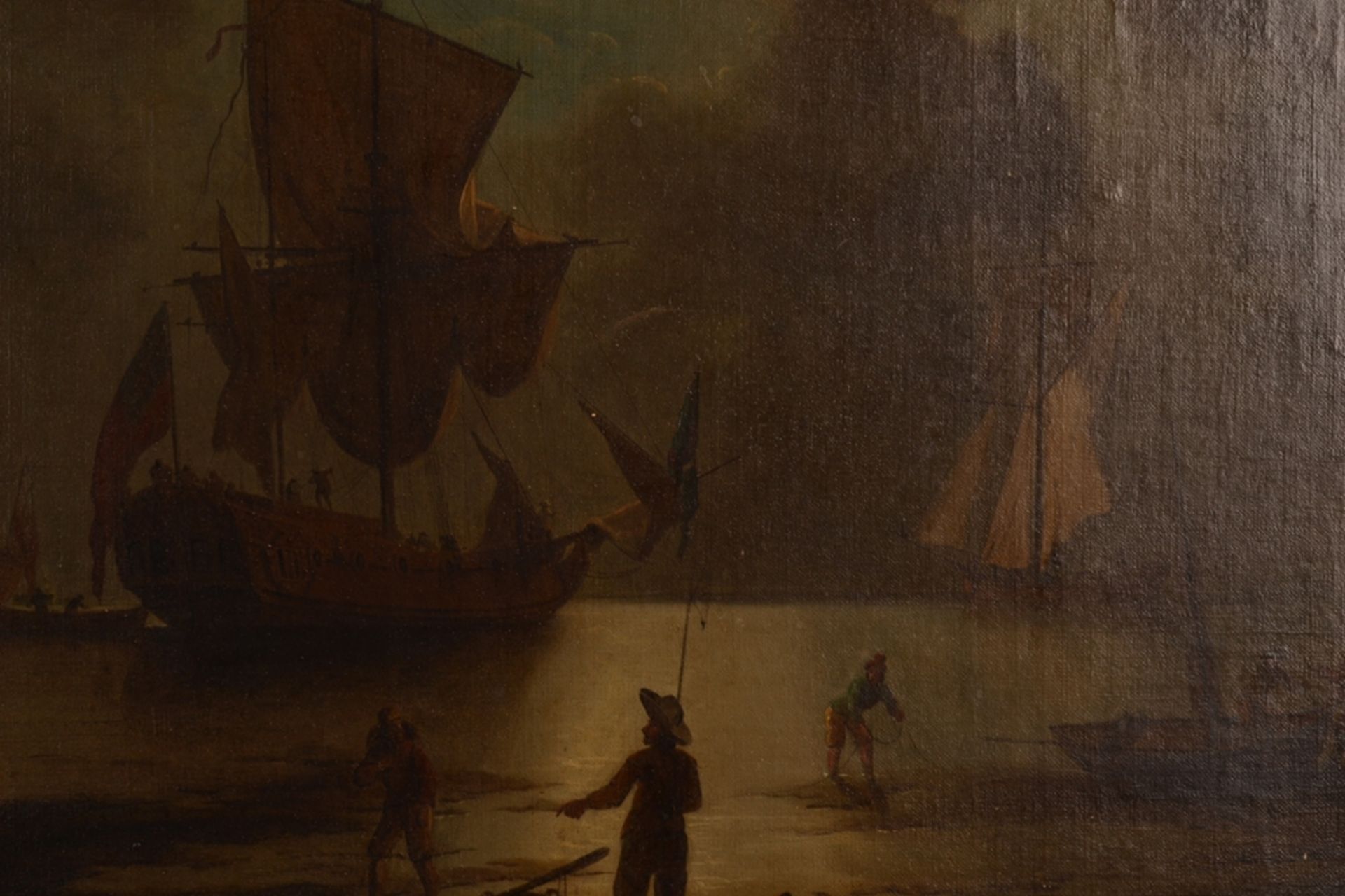 "Vor der Küste" liegendes Segelschiff. Gemälde, Öl auf Leinwand, unsignierte historisierende, - Bild 7 aus 25