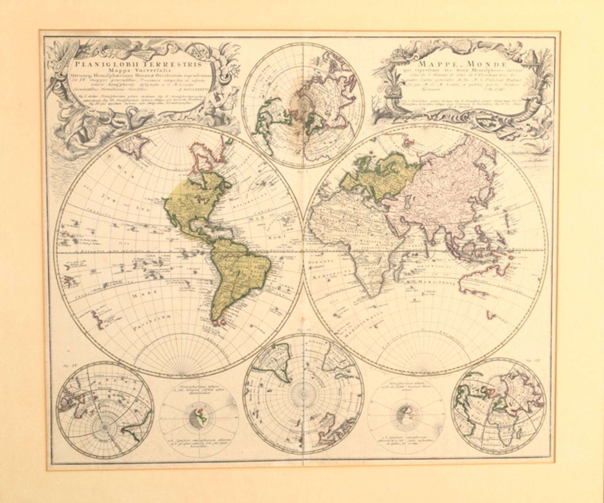 "PLANIGLOBII TERRESTRIS - MAPPE MONDE" - Kolorierte Kupferstichkarte des Johann Baptist Homann, - Image 3 of 8