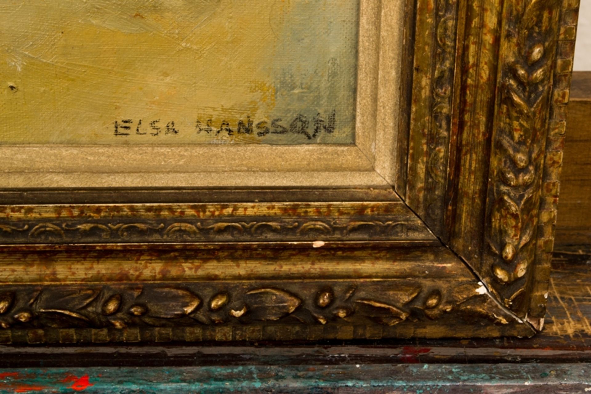 "Häuserdächer + Fassaden". Kleinformatiges Gemälde, Öl auf Leinwand, ca. 32 x 23 cm, der Elsa - Image 2 of 8