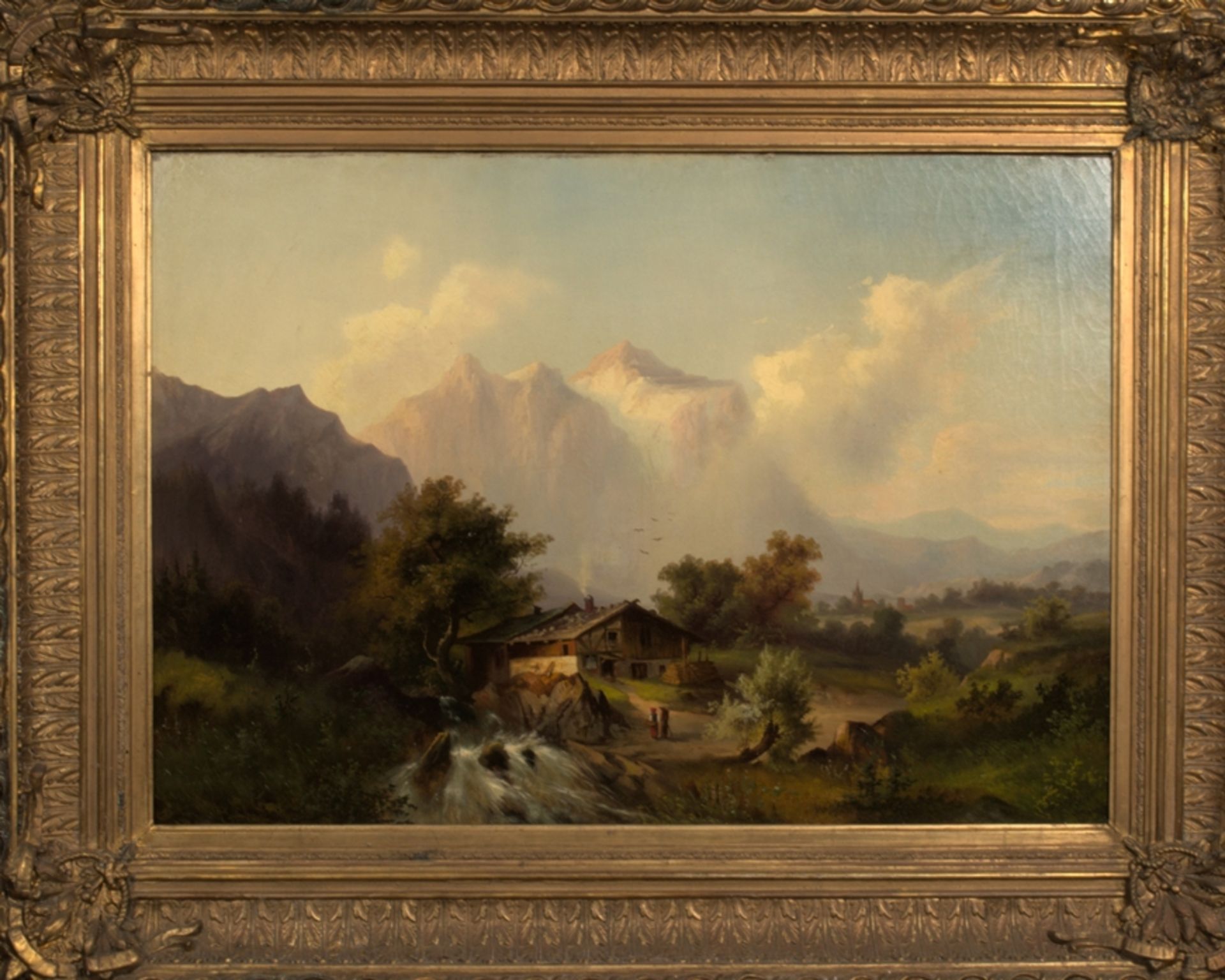 "Bauernhof vor alpiner Bergkulisse". Großformatiges Gemälde um 1870/ 90, unsignierte akademische, - Image 2 of 17