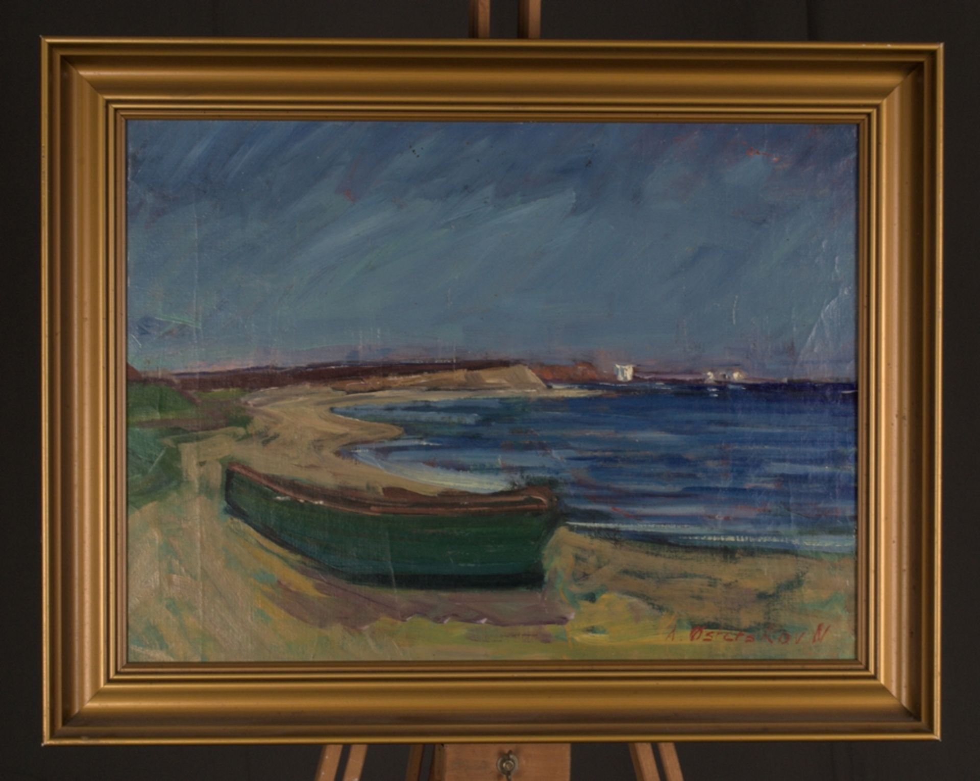 "Am Strand" - Gemälde des norwegischen Künstlers A. Osterskov. Öl auf Leinwand, ca. 40 x 52 cm,
