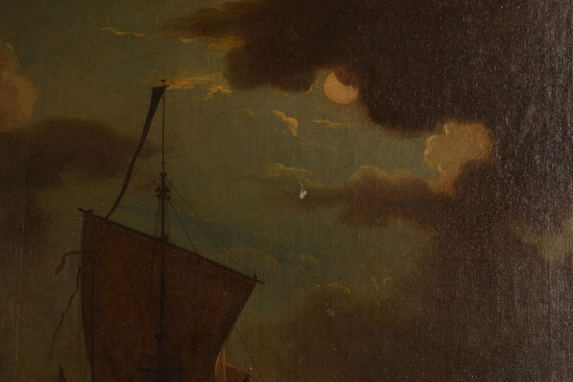 "Vor der Küste" liegendes Segelschiff. Gemälde, Öl auf Leinwand, unsignierte historisierende, - Bild 9 aus 25