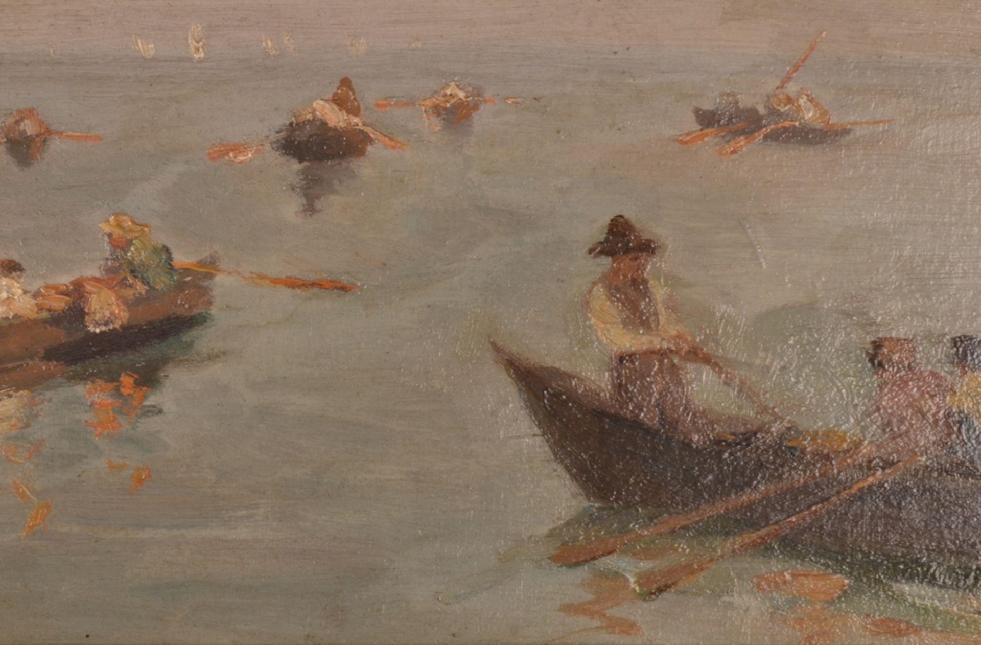 "Netzfischer" - kleinformatiges unsigniertes Gemälde, Öl auf Hartfaser/ Karton, ca. 22 x 28,5 cm; 1. - Image 5 of 12