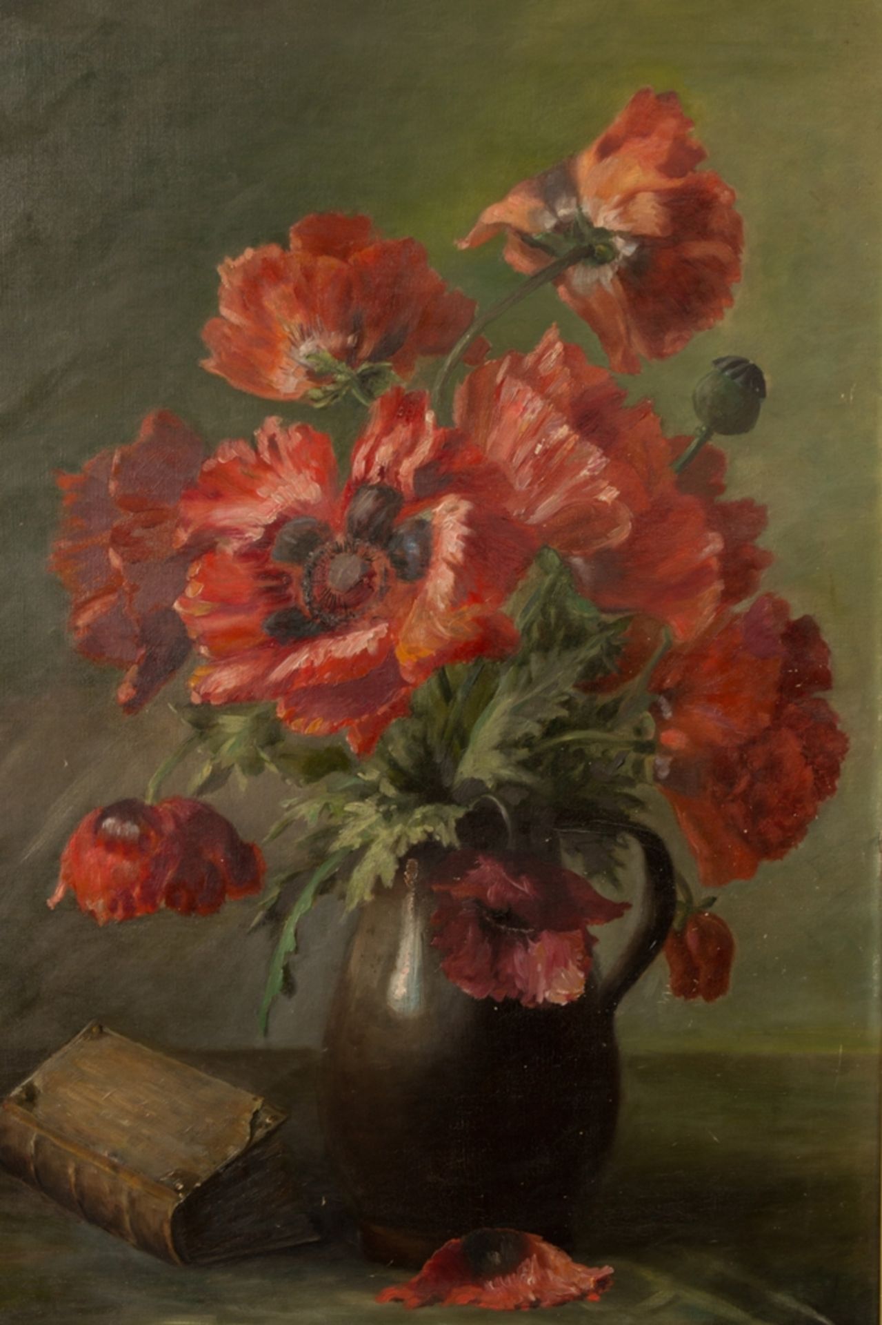 "Klatschmohn" - dekoratives Stilleben, Gemälde, Öl auf Leinwand, ca. 91 Höhe, ca. 62 cm Breite. - Bild 2 aus 9