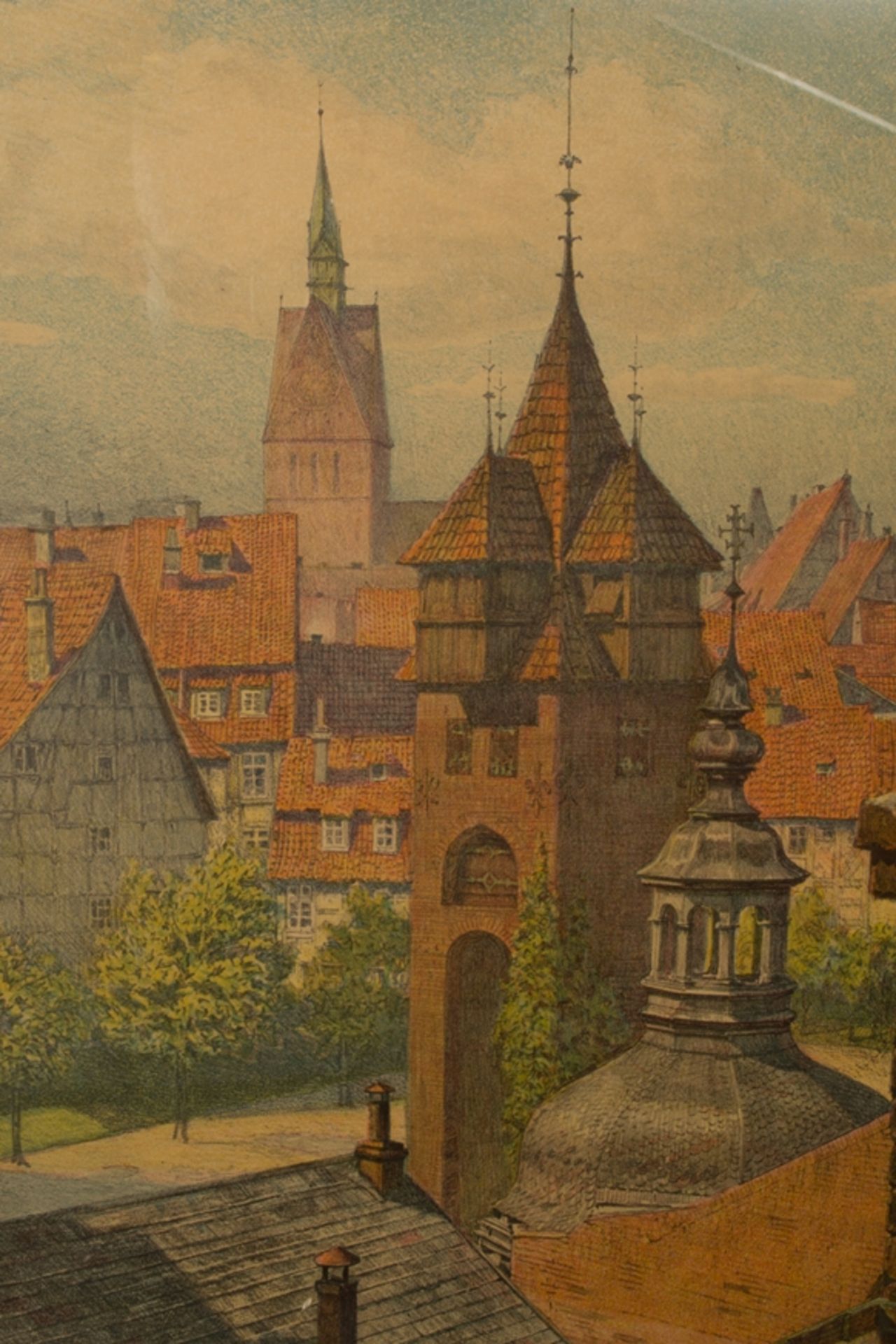 "Stadtturm", hinter Glas gerahmte farbige Steinzeichnung von Ernst Jordan, Hannover. Abb. ca. 47,5 x - Image 7 of 8