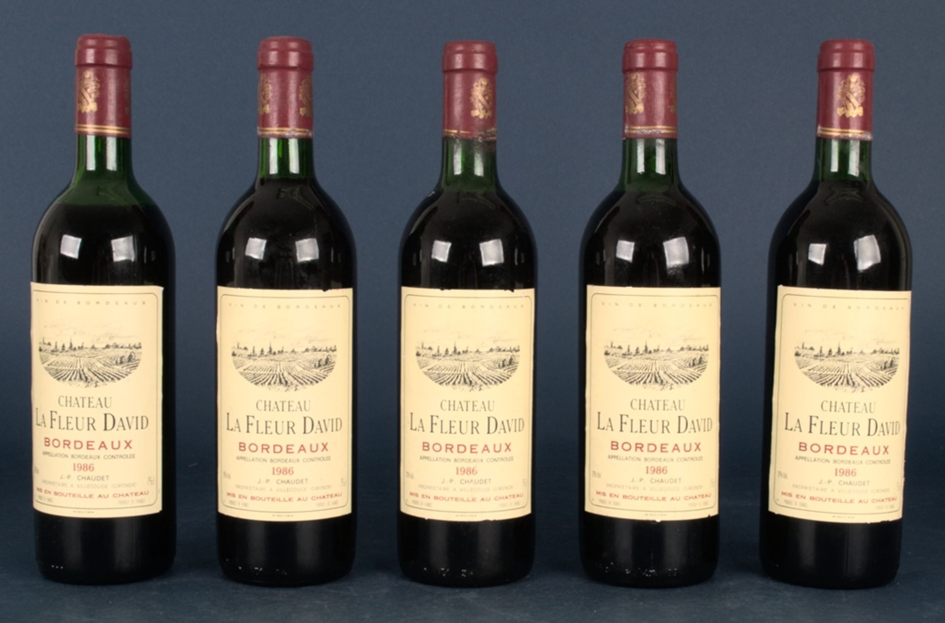 5 Flaschen Rotwein 1986er "Chateau La Fleur David " - Bordeaux. Leicht differierende Füllstände; 0,