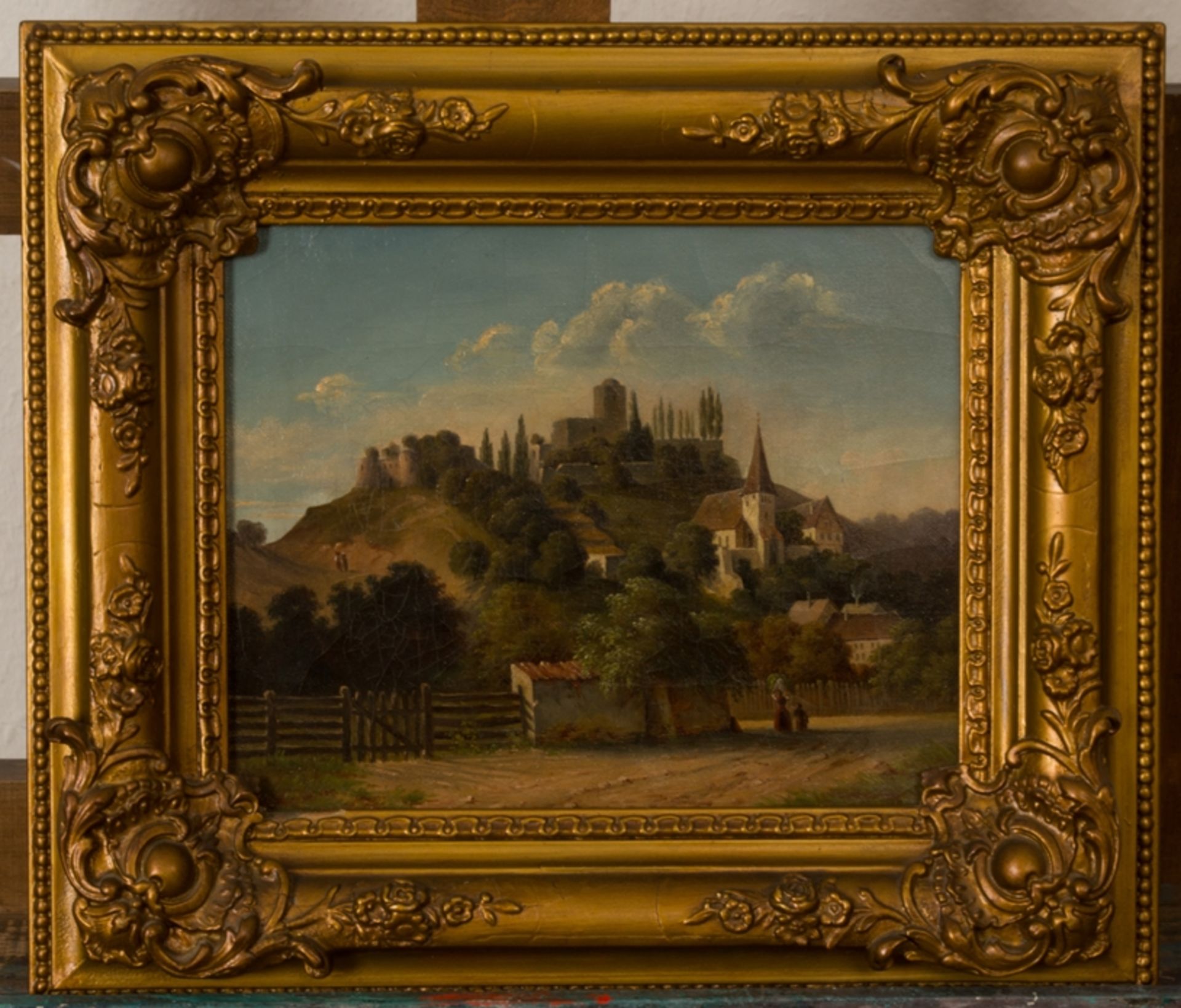 "Beilstein am Neckar" - Kleinformatiges Gemälde mit romantischer Ansicht des Ortes und der Burg,