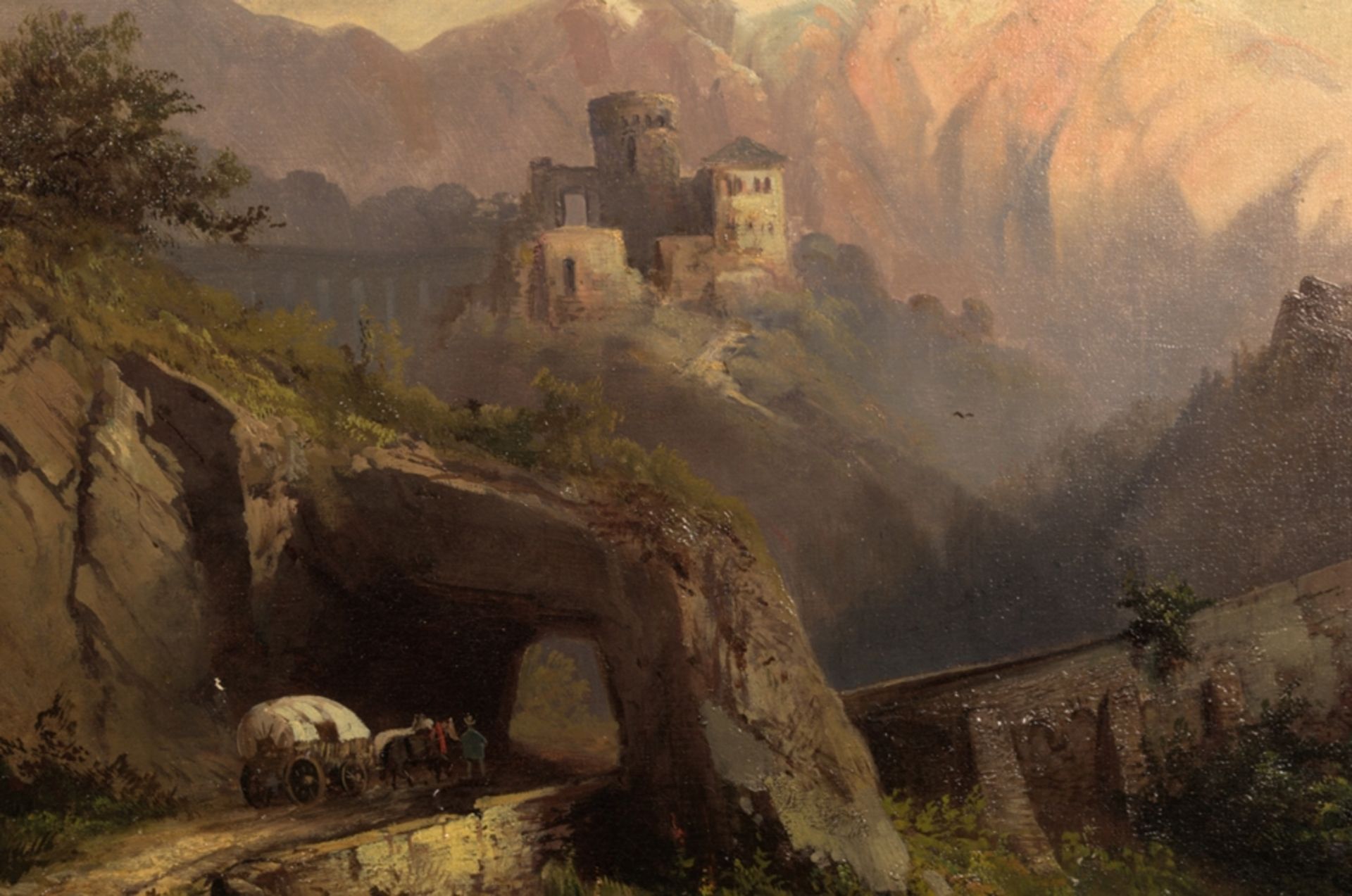 "Alpine Berglandschaft mit Burgruine", spätromantisches Gemälde, Öl auf Leinwand, ca. 63 x 90 cm; - Image 3 of 13