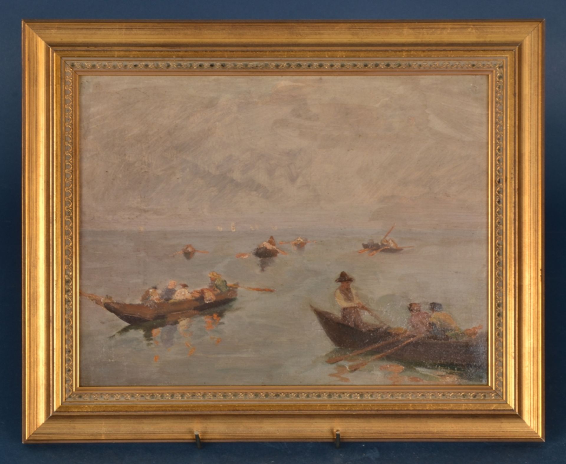 "Netzfischer" - kleinformatiges unsigniertes Gemälde, Öl auf Hartfaser/ Karton, ca. 22 x 28,5 cm; 1.