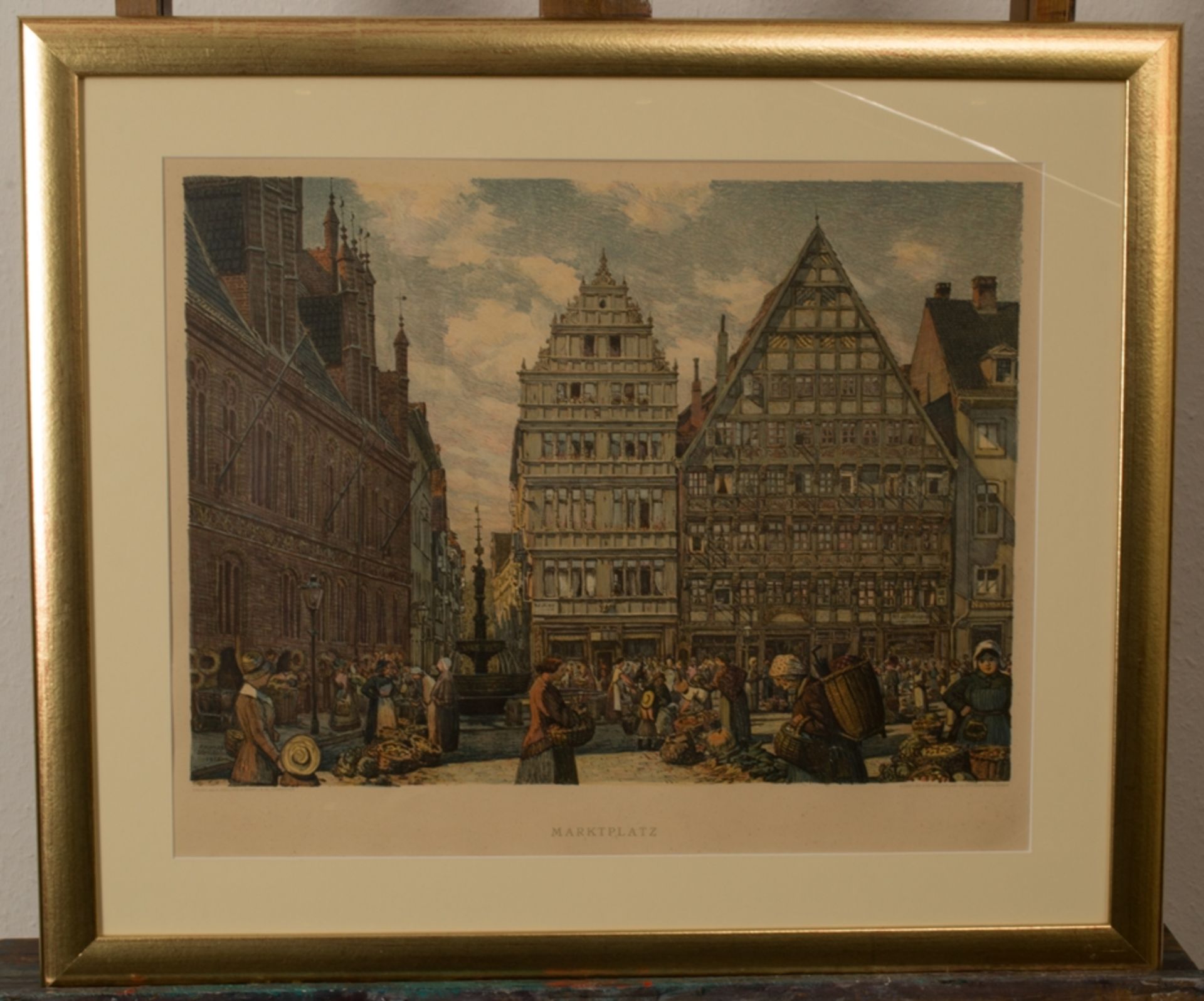 "Marktplatz", hinter Glas gerahmte farbige Steinzeichnung von Richard Schlösser , Hannover 1915.