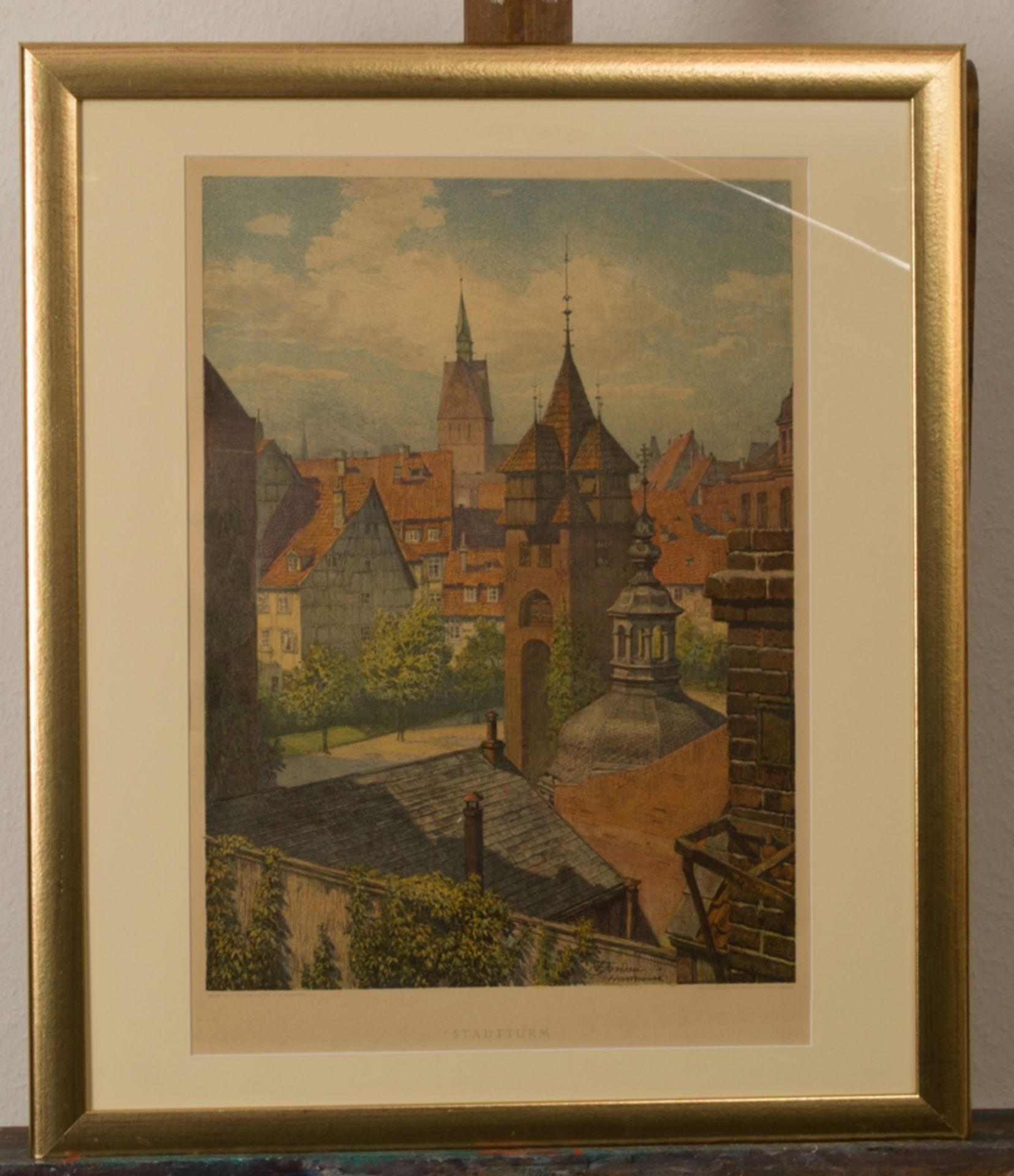 "Stadtturm", hinter Glas gerahmte farbige Steinzeichnung von Ernst Jordan, Hannover. Abb. ca. 47,5 x