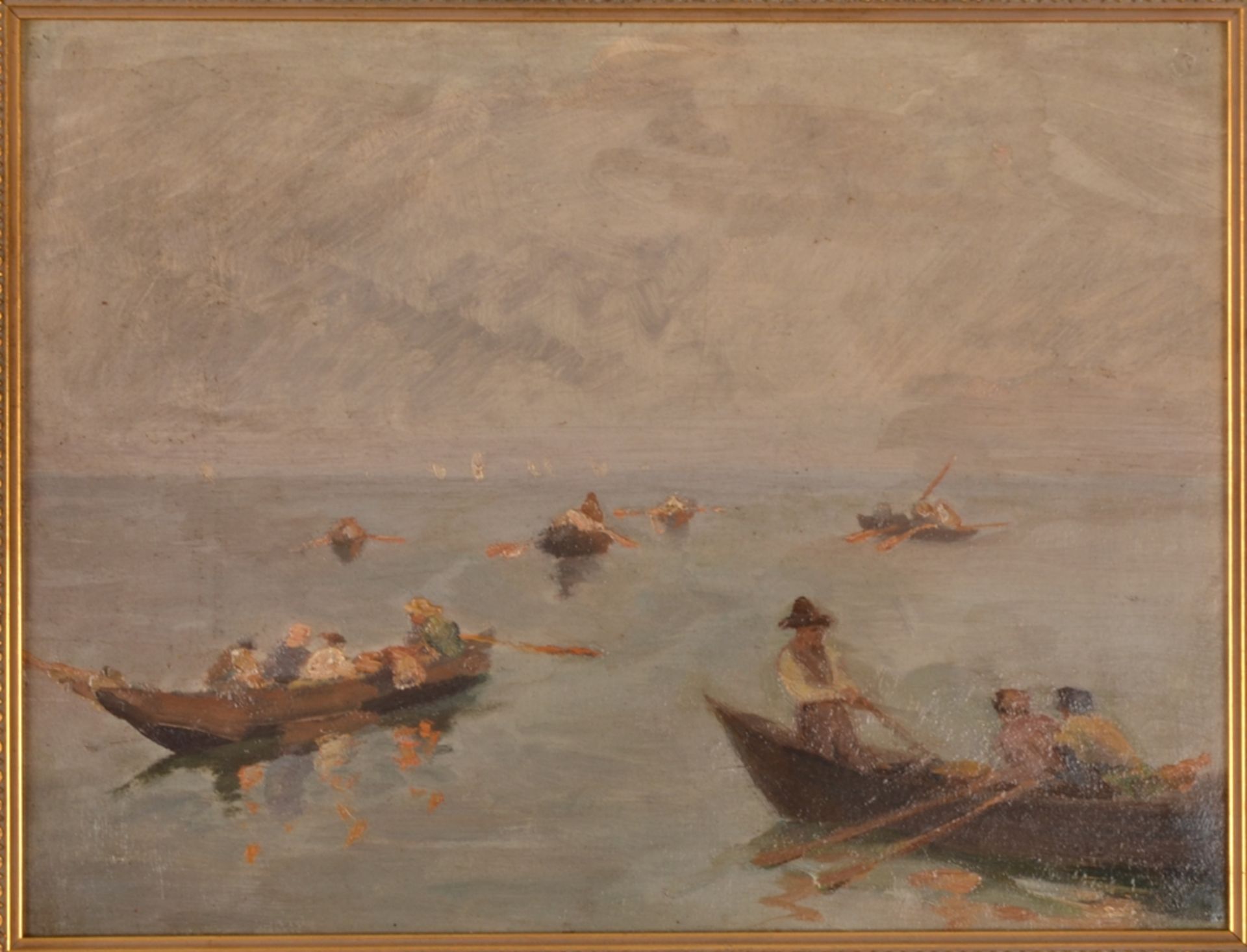 "Netzfischer" - kleinformatiges unsigniertes Gemälde, Öl auf Hartfaser/ Karton, ca. 22 x 28,5 cm; 1. - Image 3 of 12