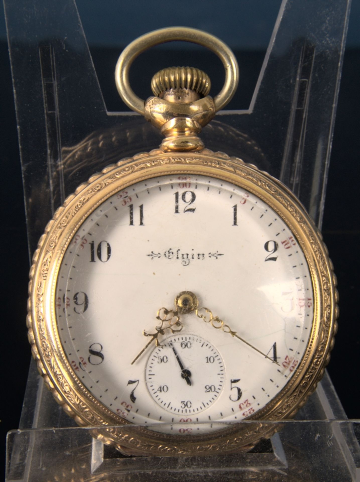 Große offene "Elgin" - Herrentaschenuhr, vergoldetes aufwändig verziertes Gehäuse, weißes