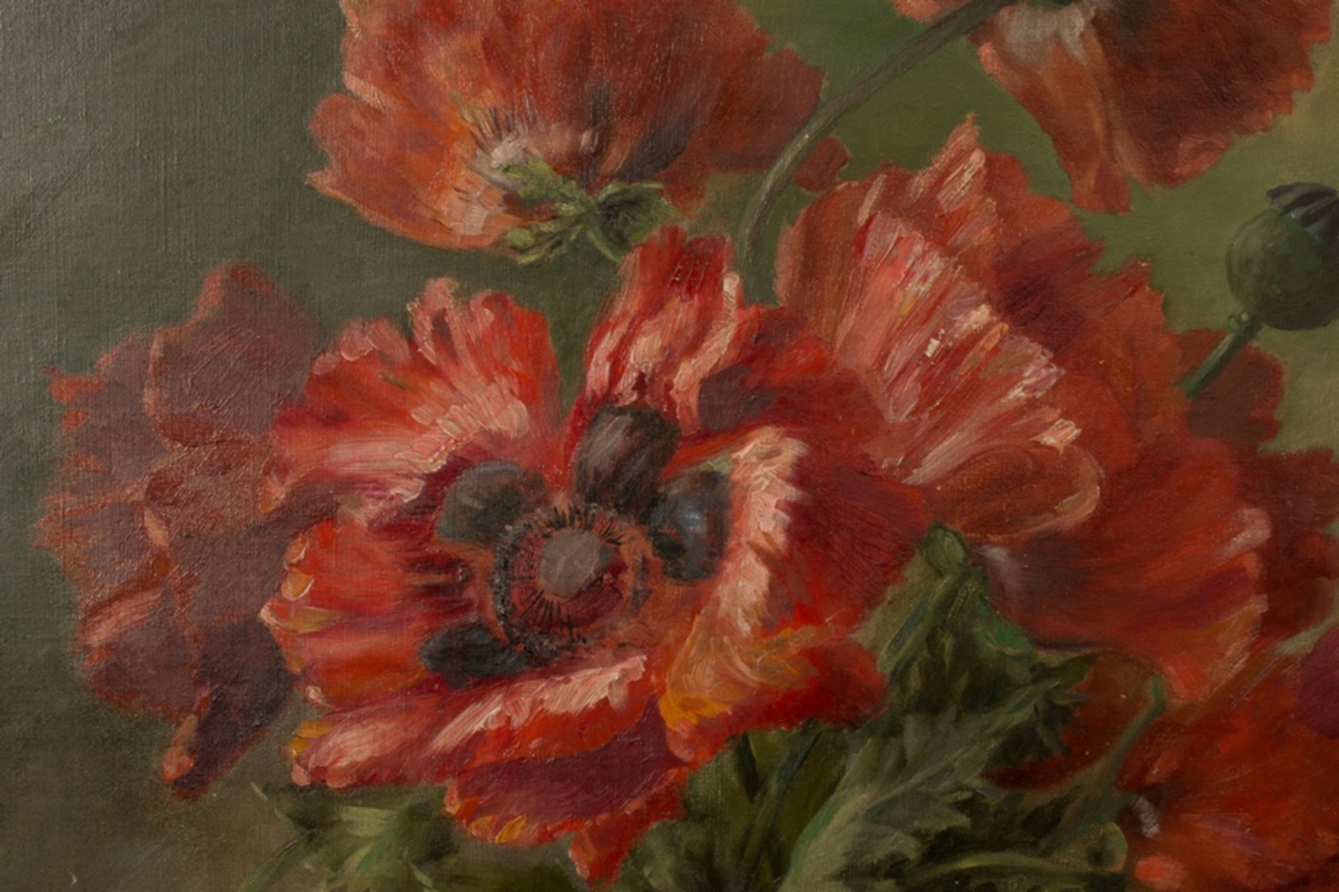 "Klatschmohn" - dekoratives Stilleben, Gemälde, Öl auf Leinwand, ca. 91 Höhe, ca. 62 cm Breite. - Bild 5 aus 9