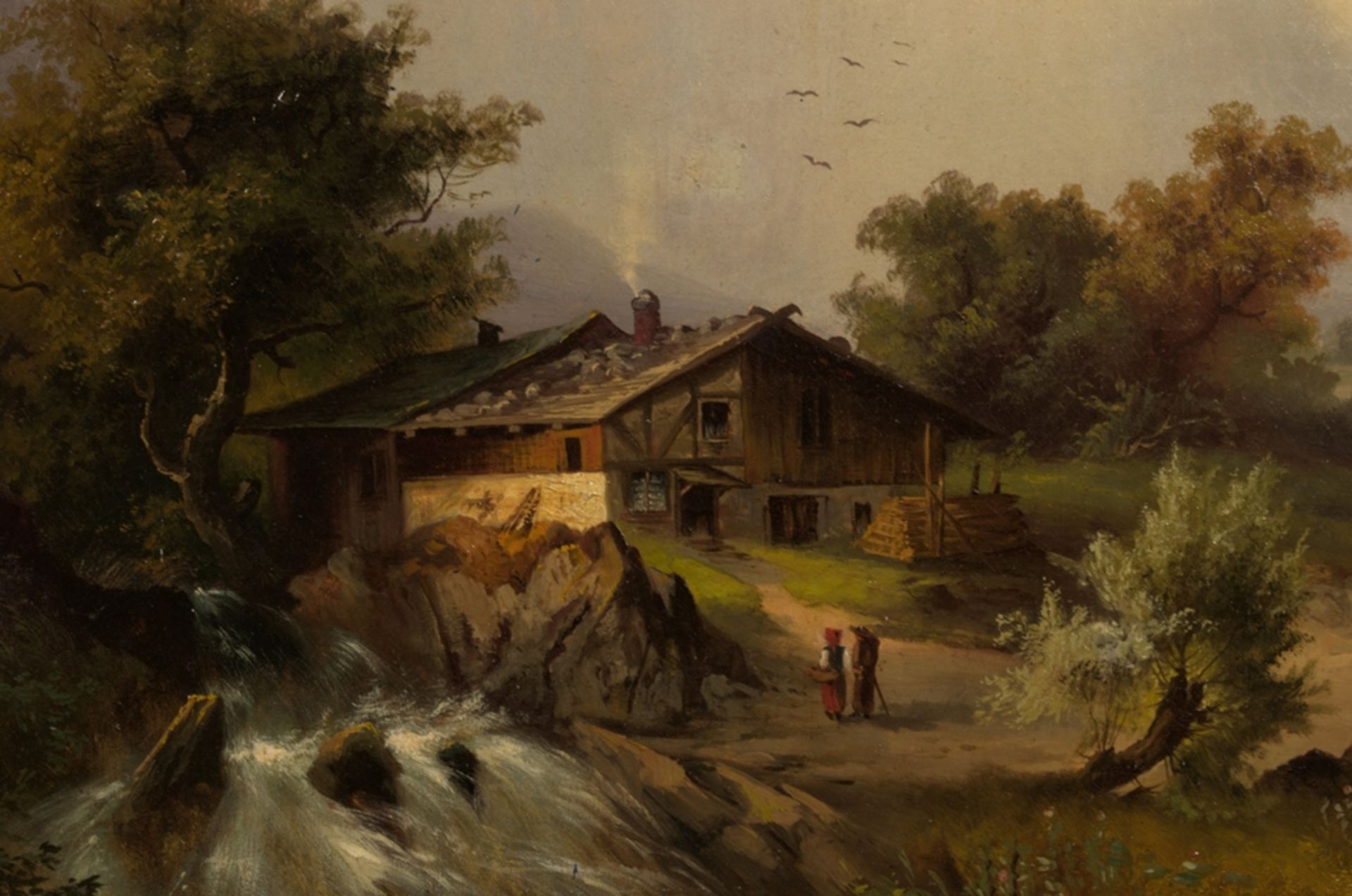"Bauernhof vor alpiner Bergkulisse". Großformatiges Gemälde um 1870/ 90, unsignierte akademische, - Image 6 of 17
