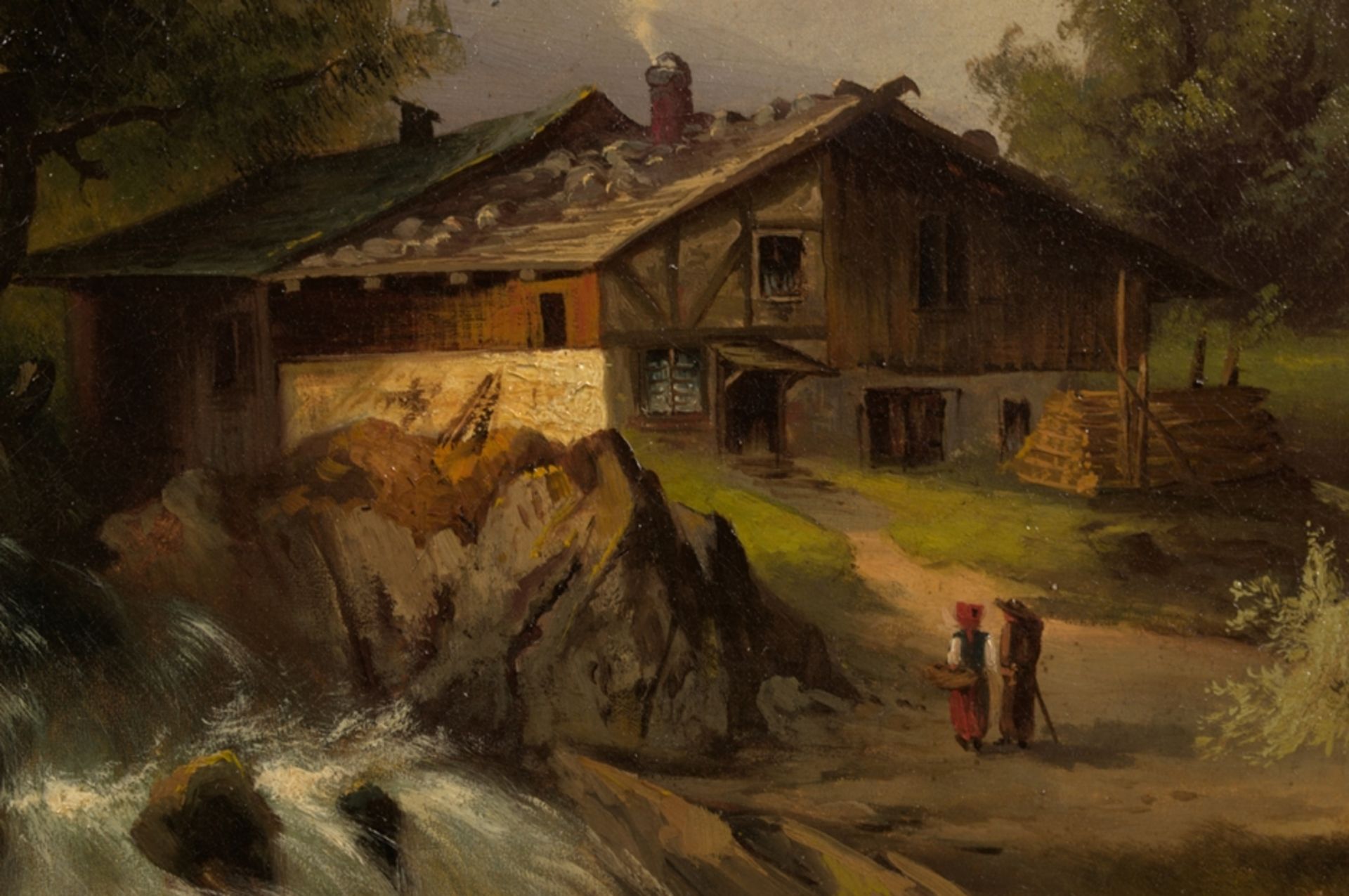 "Bauernhof vor alpiner Bergkulisse". Großformatiges Gemälde um 1870/ 90, unsignierte akademische, - Image 9 of 17