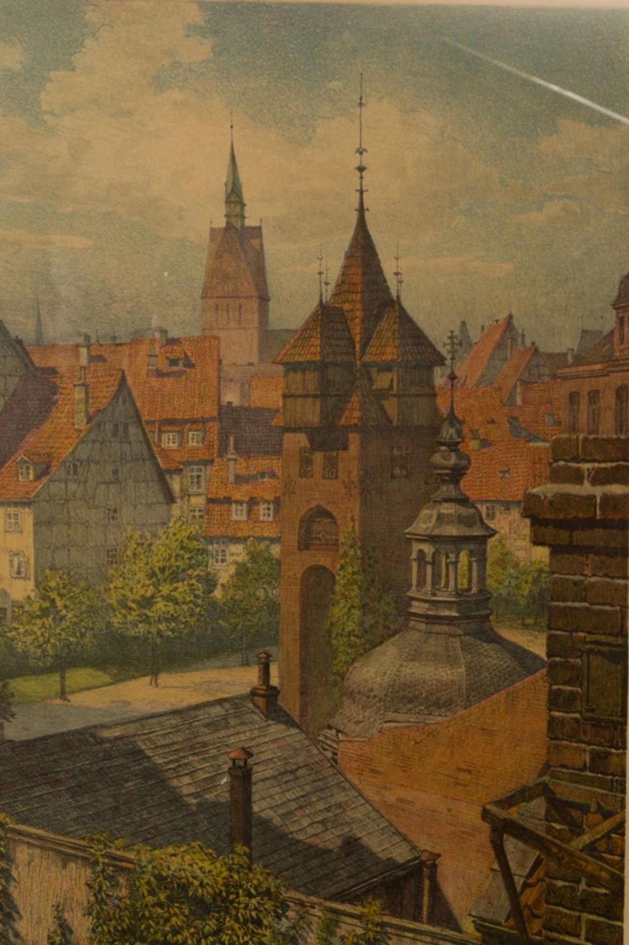 "Stadtturm", hinter Glas gerahmte farbige Steinzeichnung von Ernst Jordan, Hannover. Abb. ca. 47,5 x - Image 2 of 8
