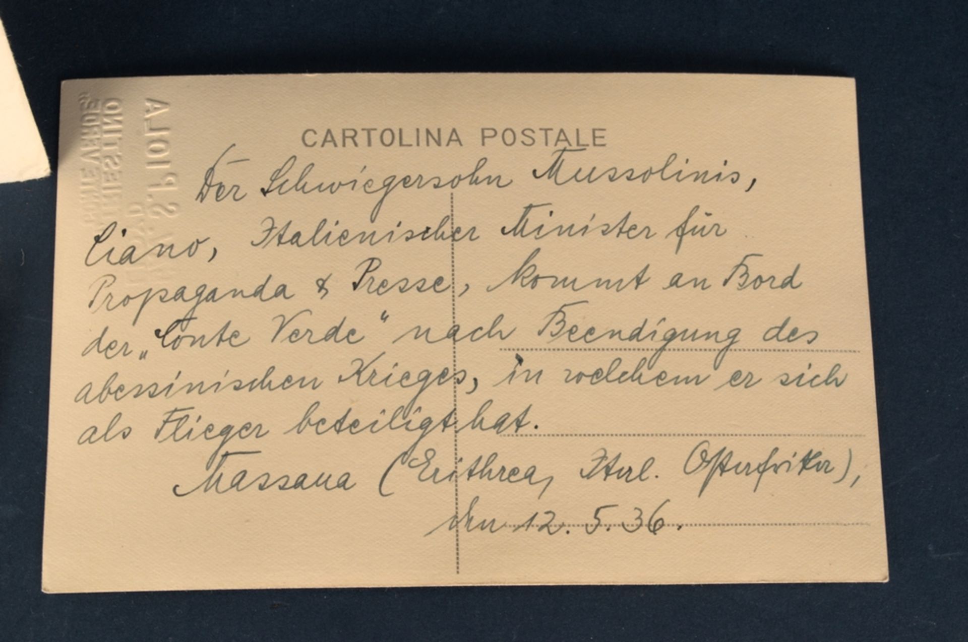 "Rückkehr von Mussolinis Söhnen aus dem abessinischen Krieg" am 17.5.(19)36, an Bord des ital. - Image 7 of 15